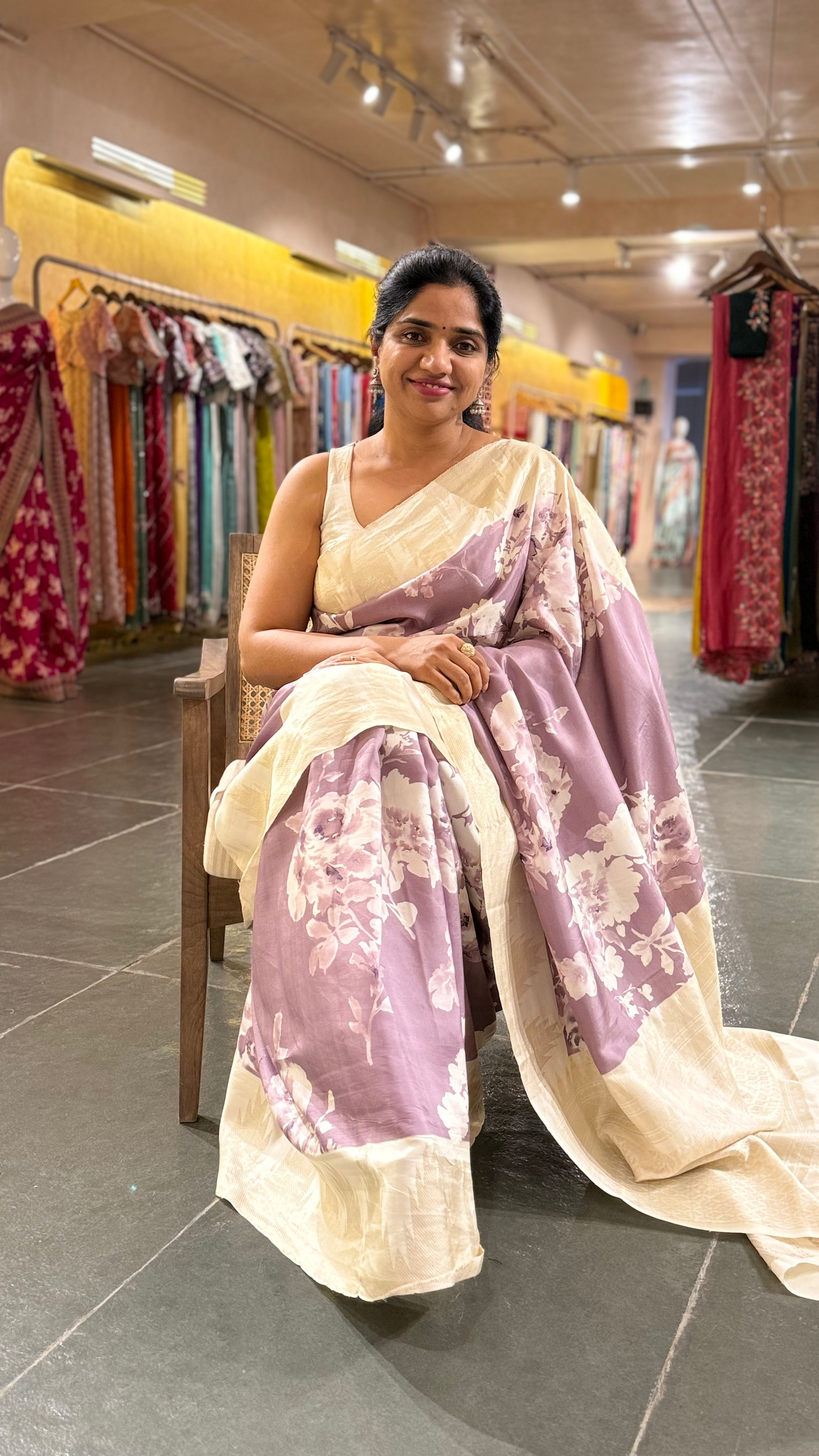 Mauve Printed Kanchi Silk soft drape Saree with temple borders
