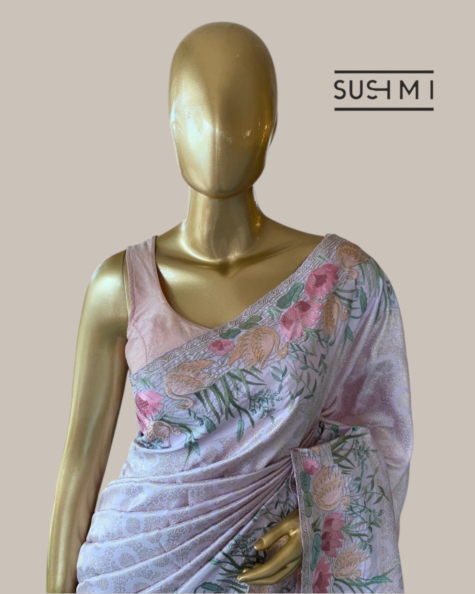 Lilac Kanjeevaram Brocade Saree Beautiful Pond Theme Embroidered Border.