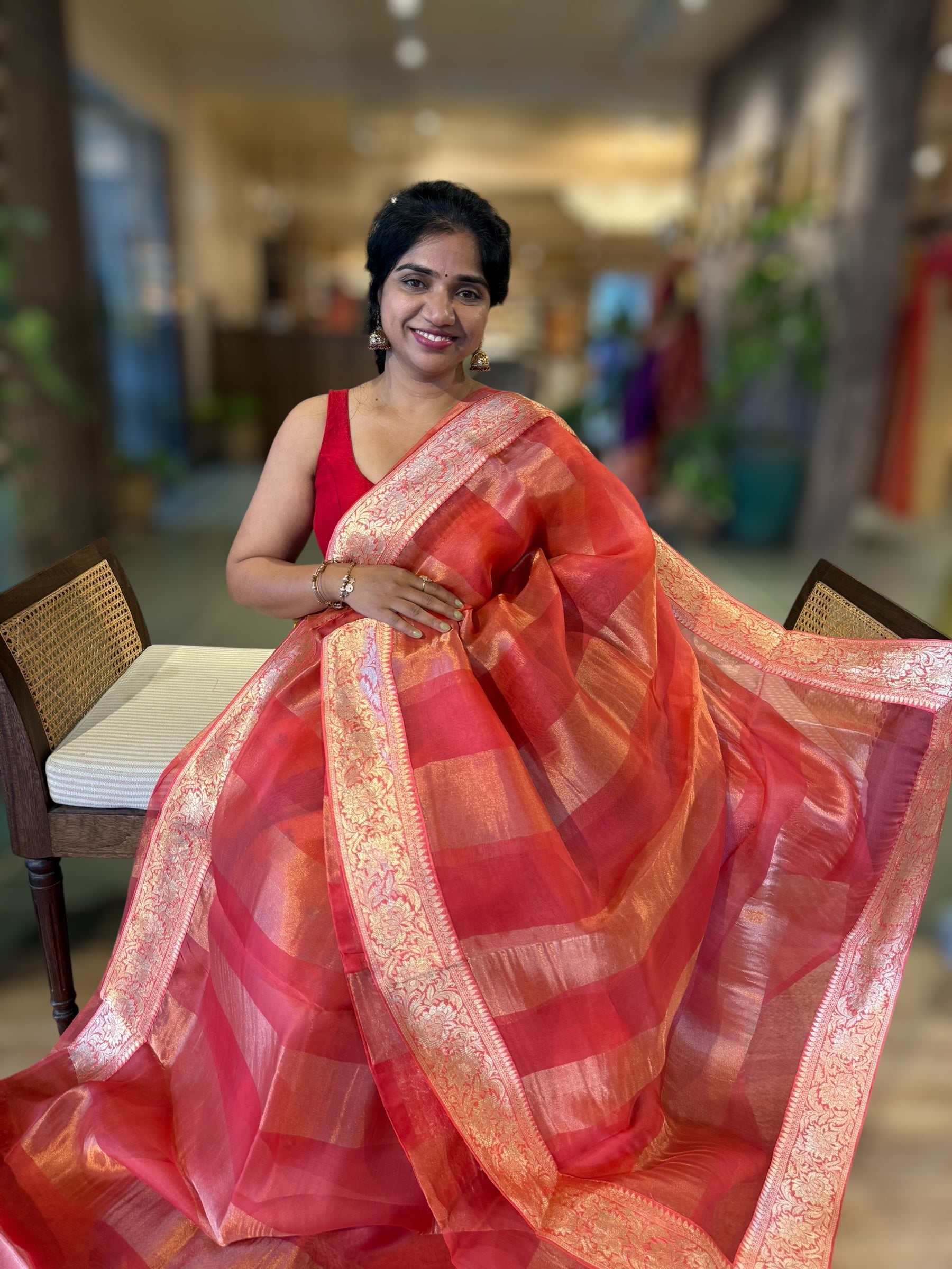 Koral Pink Banarasi Kora Tissue Stripes Saree With Banarasi Borders & Blouse