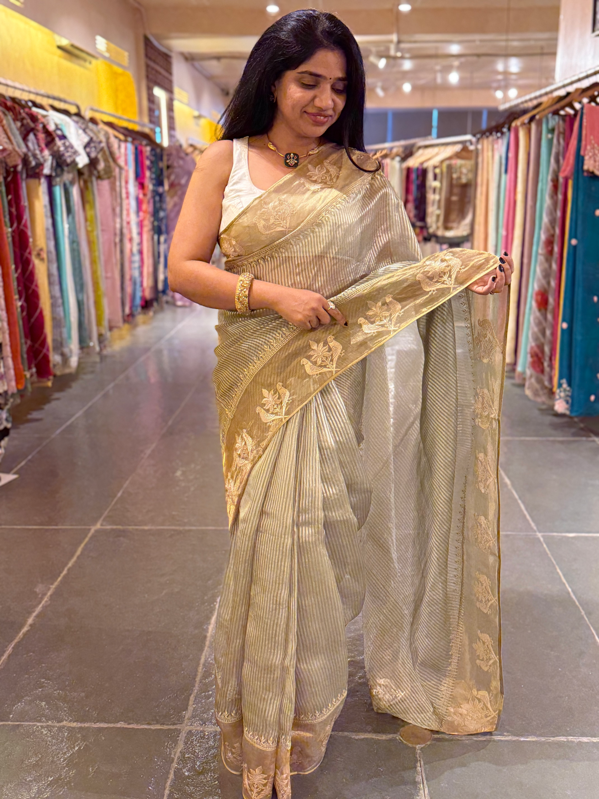 Sage Green Kora Tissue Silver Zari stripes saree wth tissue Embroidered Border