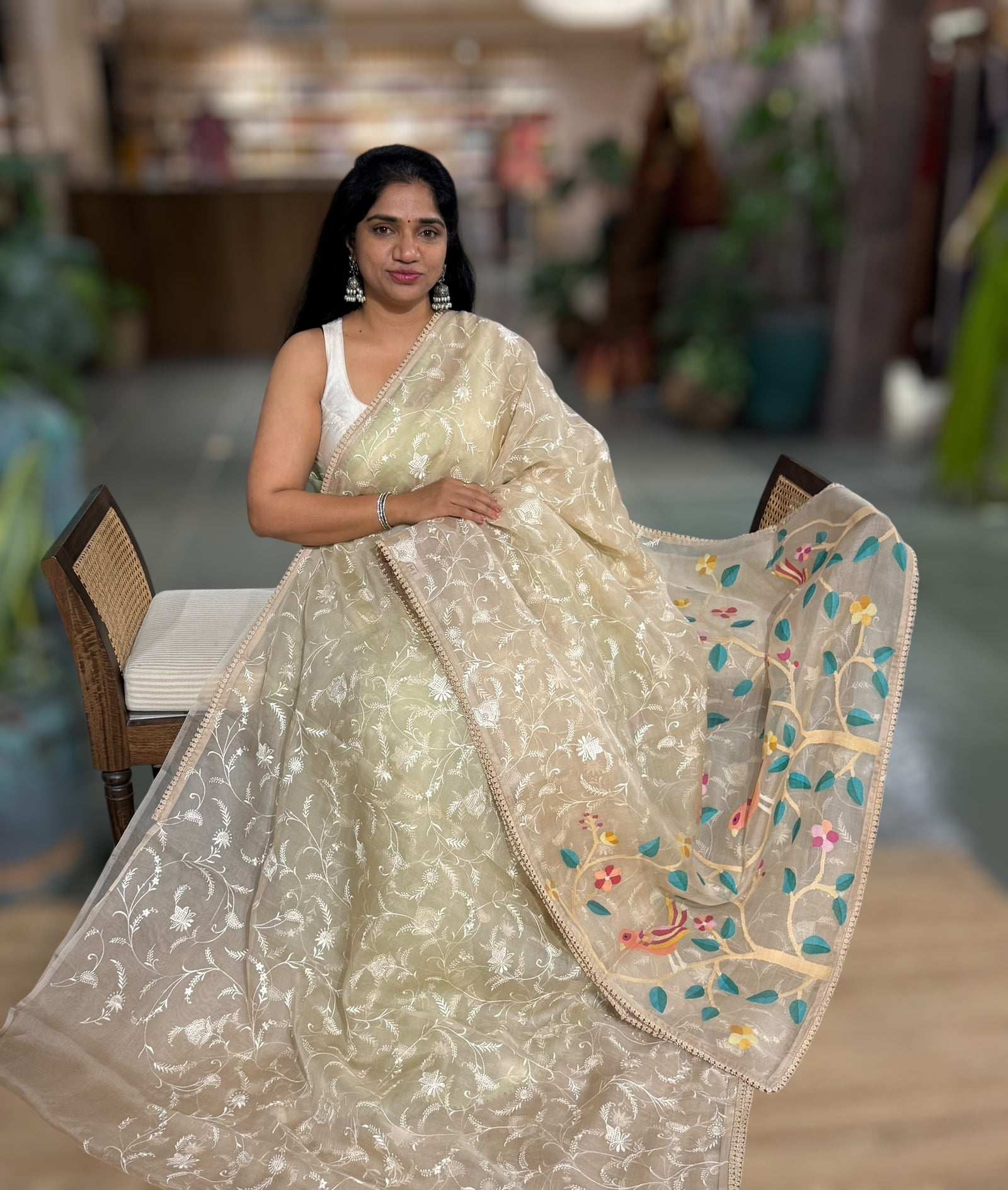 Beige Pure Handloom Muslin Saree with Allover chikankari & Jamdnai Pallus