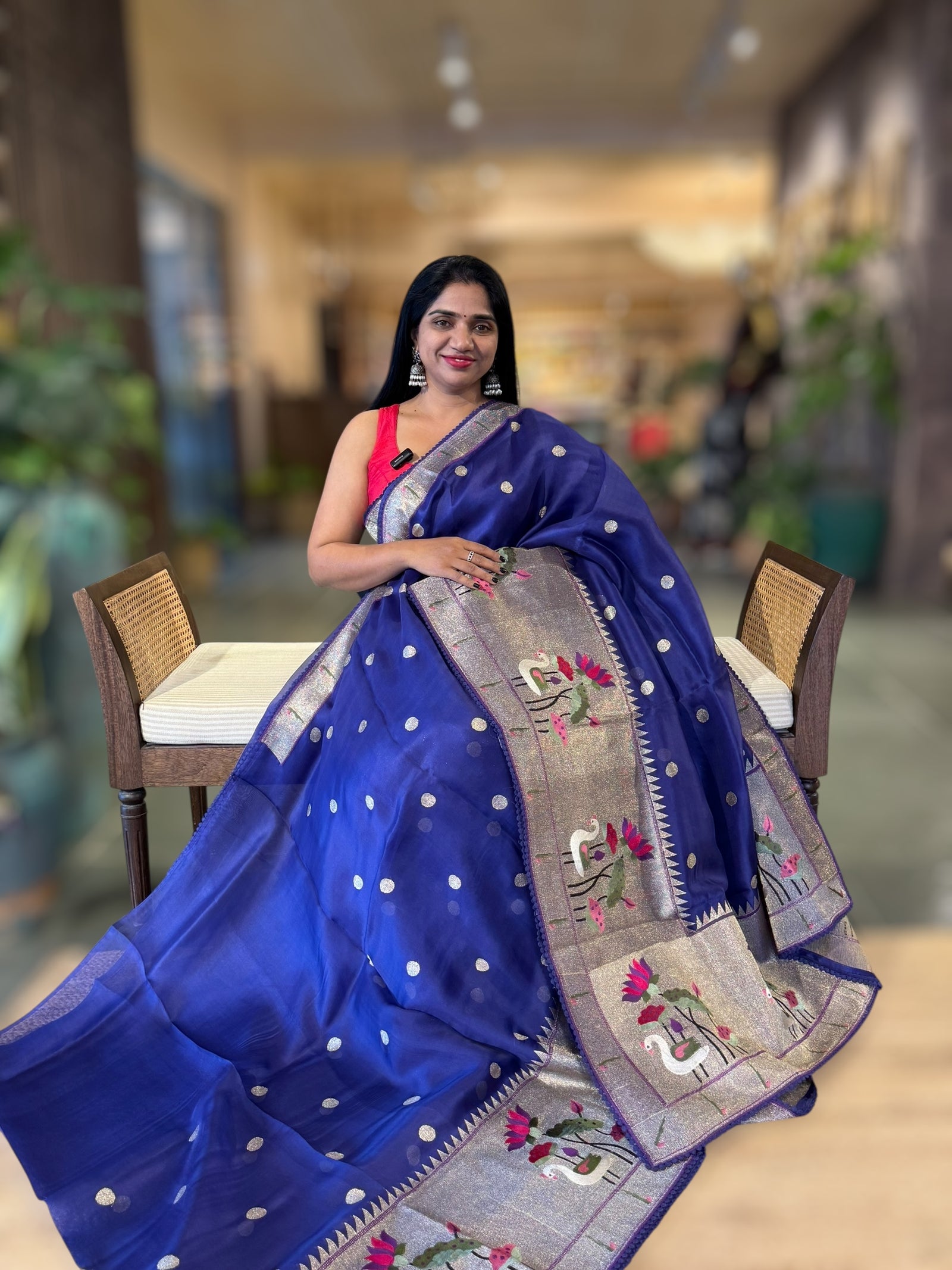 Purplish Blue Pure Organza Saree With Pythani Embroidered Border