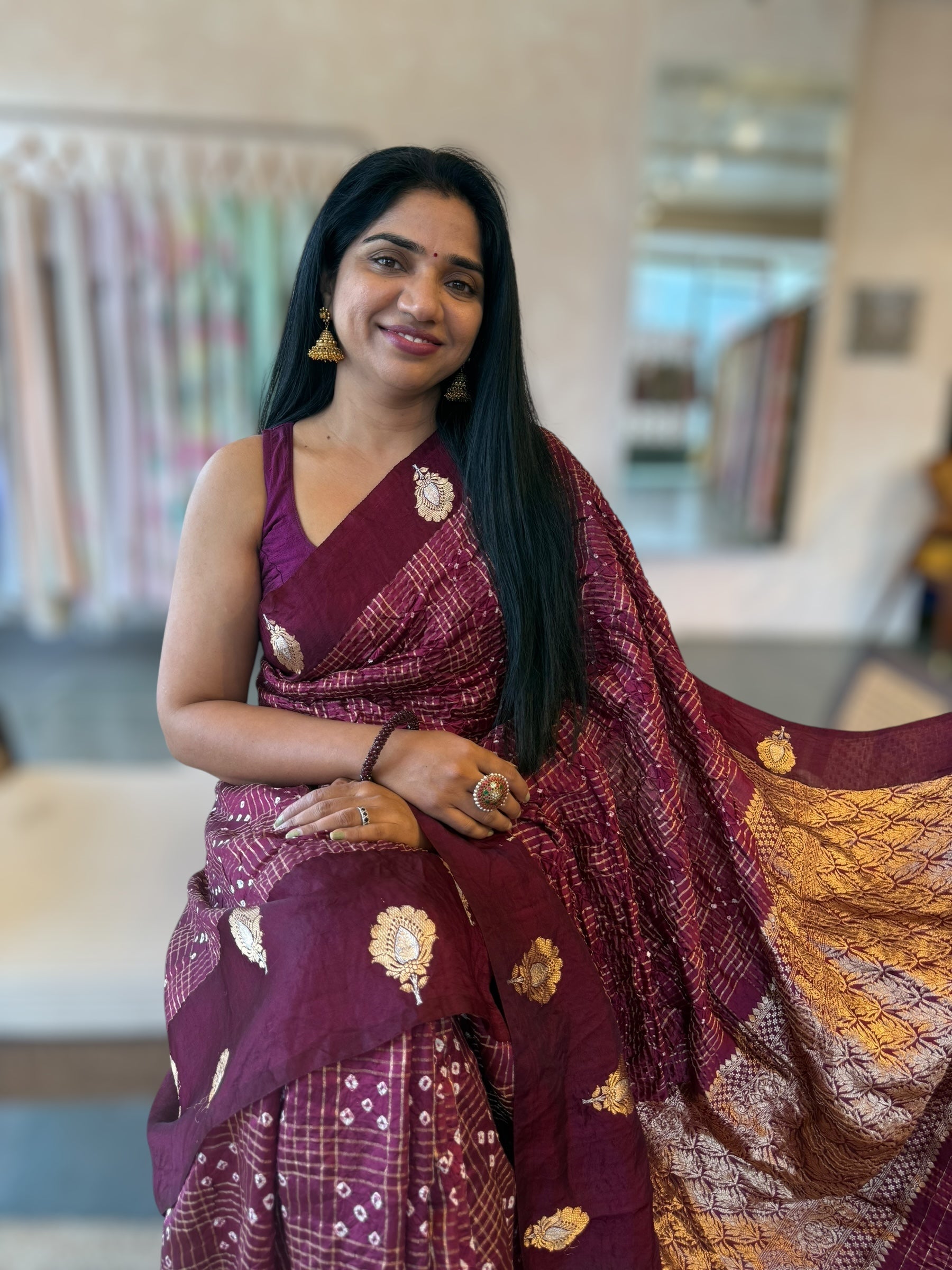 Wine Banarasi Bandhej Silk Saree With Kaduwa Woven Open Mashru Borders