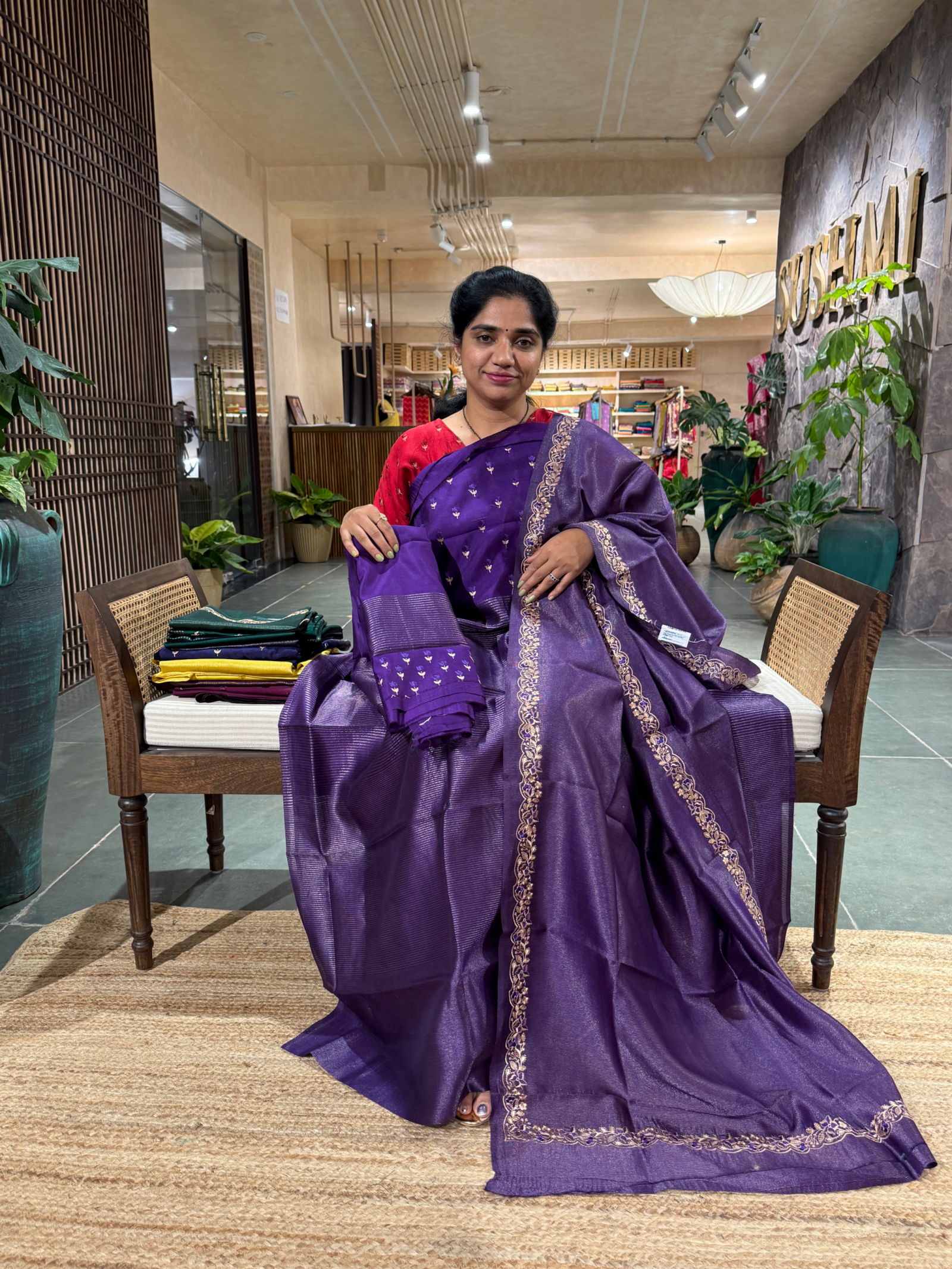 SCSSA605 : 3 Pc  Brinjal Pure Handloom Chiniya Silk Suit Set a