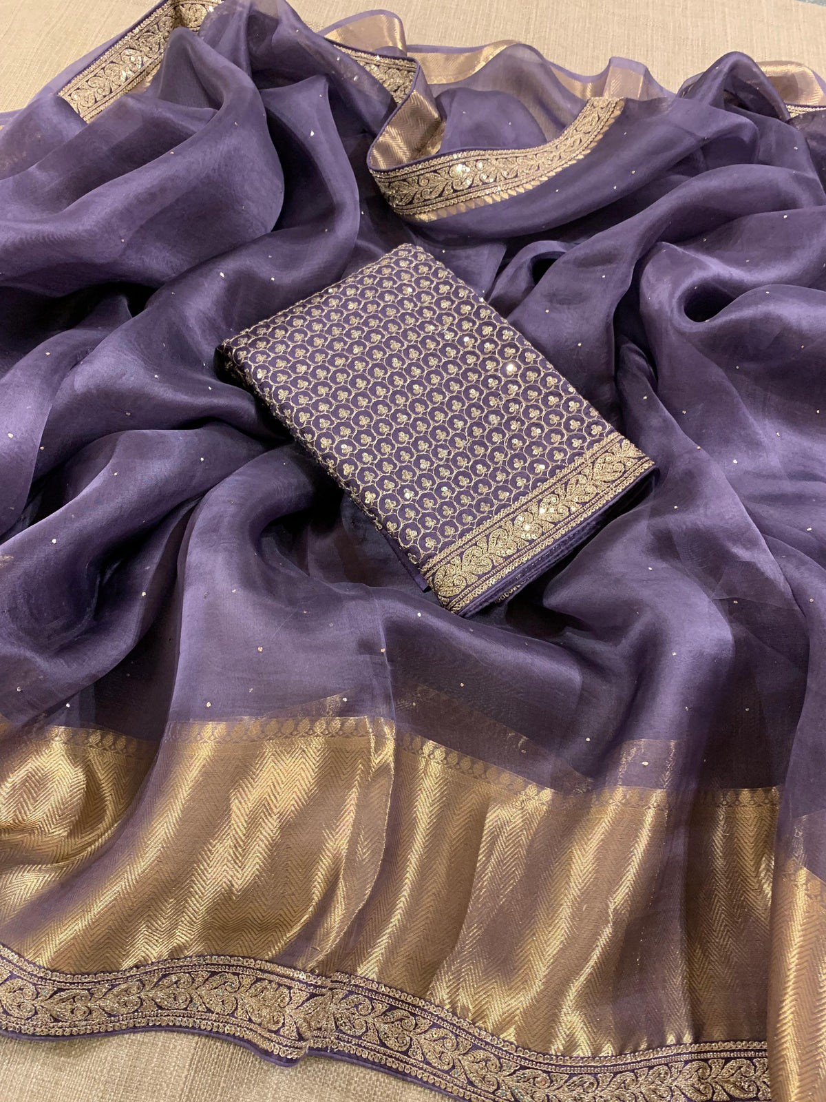 SK1091414ORG:Bluish Violet Kanchi Kora Saree with allover mukaish handwork