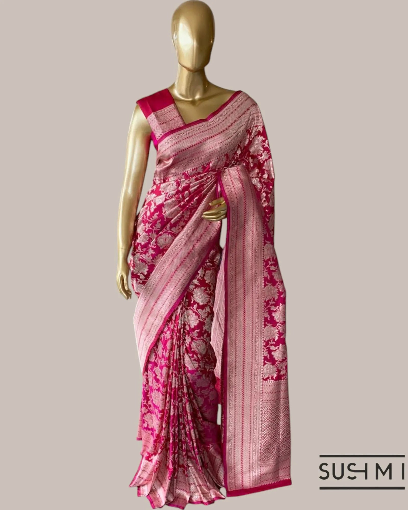 Ruby Pink Banarasi Katan Silk Saree with Allover Floral Jaal Weaving in silver z