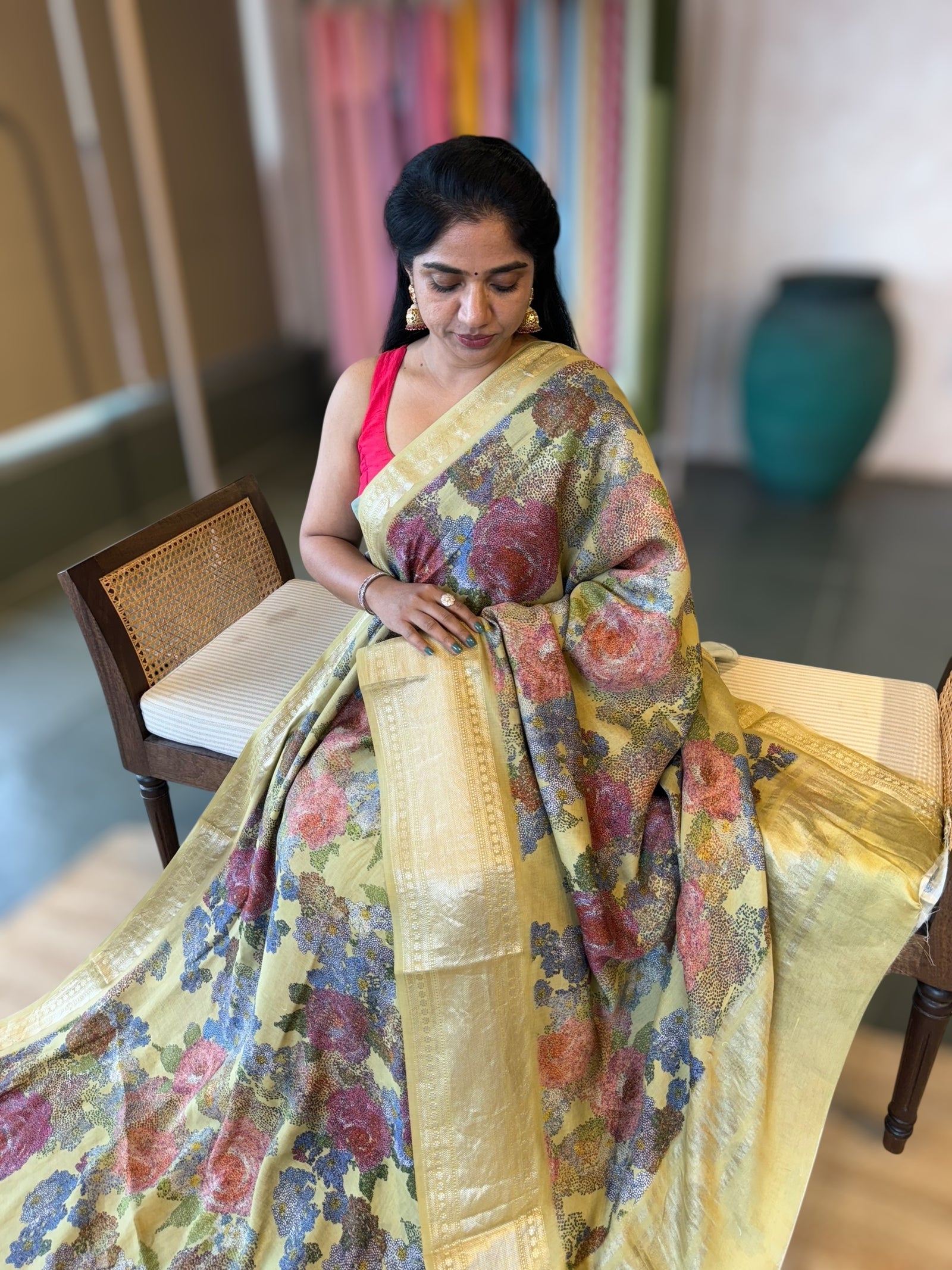 Light Olive Pista Chiniya Silk Saree With Petite Point  Emb Style Print