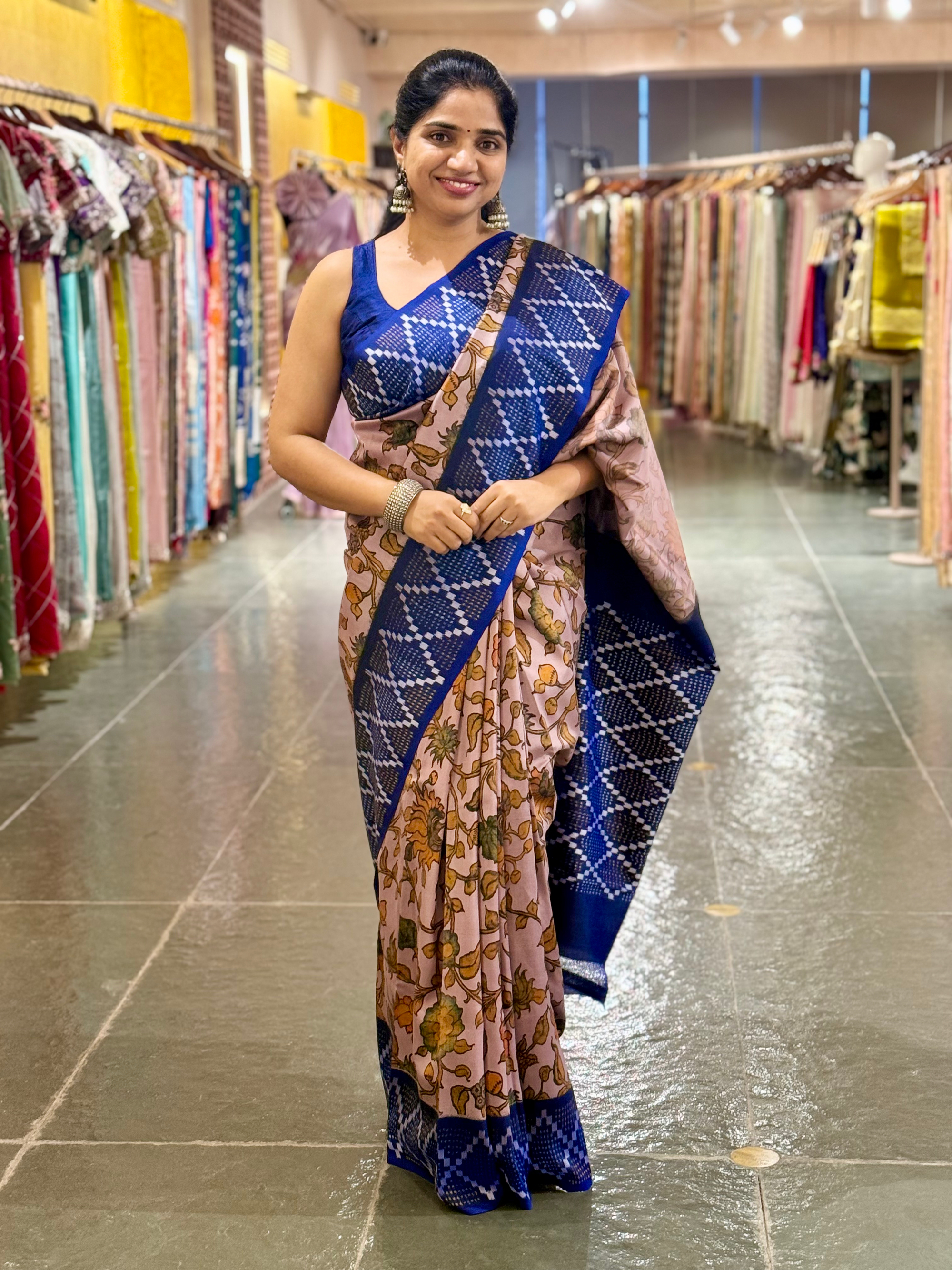 Ikkath Patola Sarees with Pen Kalamkari Style Digital  Prints