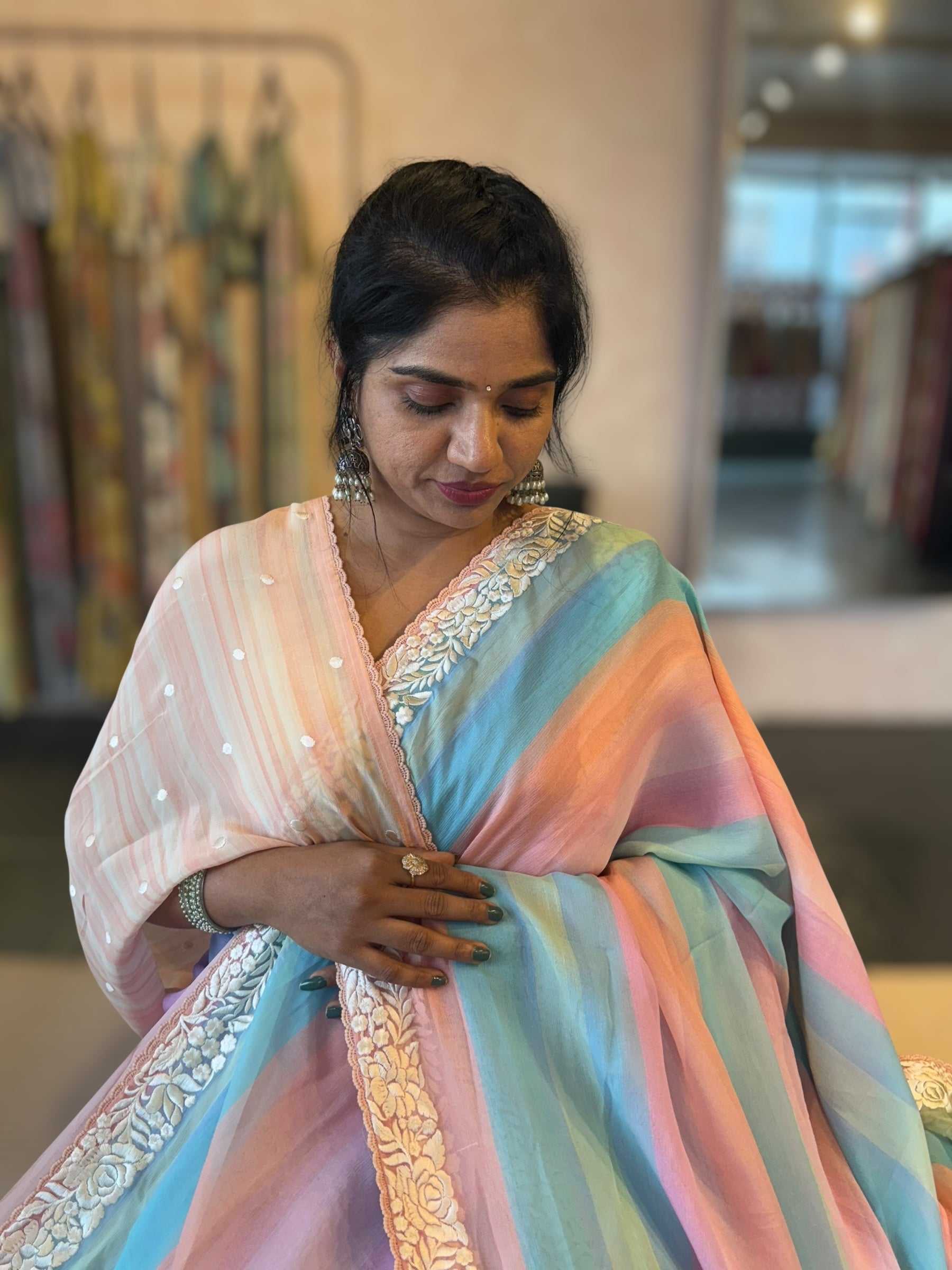 Pure Chiffon Saree with Ombre Brush dyeing & Parsi Gara Embroidered Border