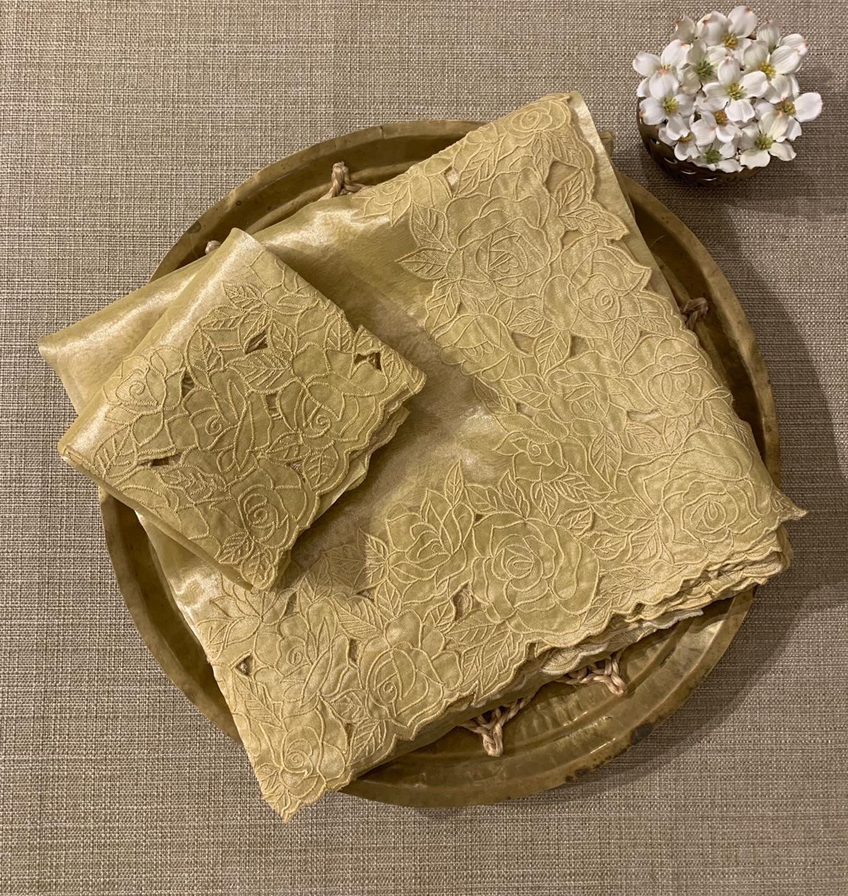 Pastel Yellow Pure Handloom Tissue Saree With Rose Cutwork Borders