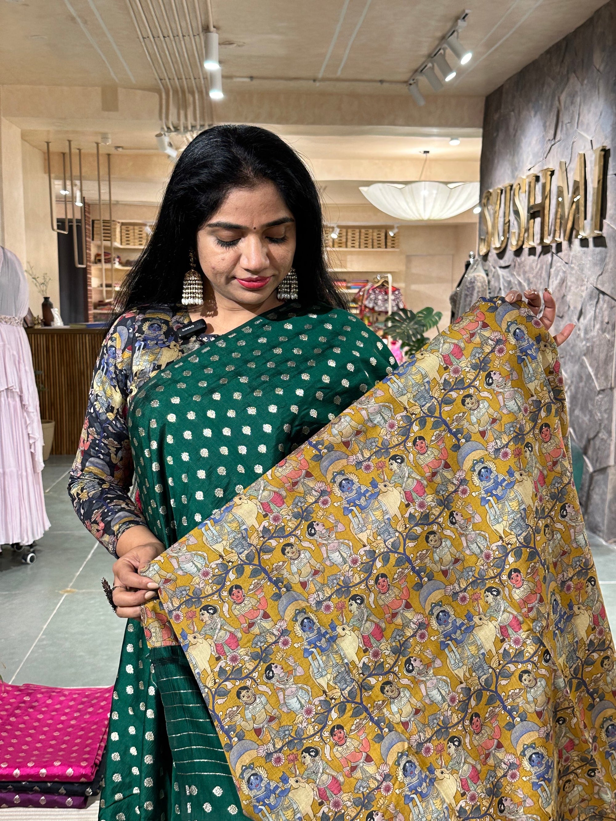 Banarasi chinia silk with krishna theme pallu-