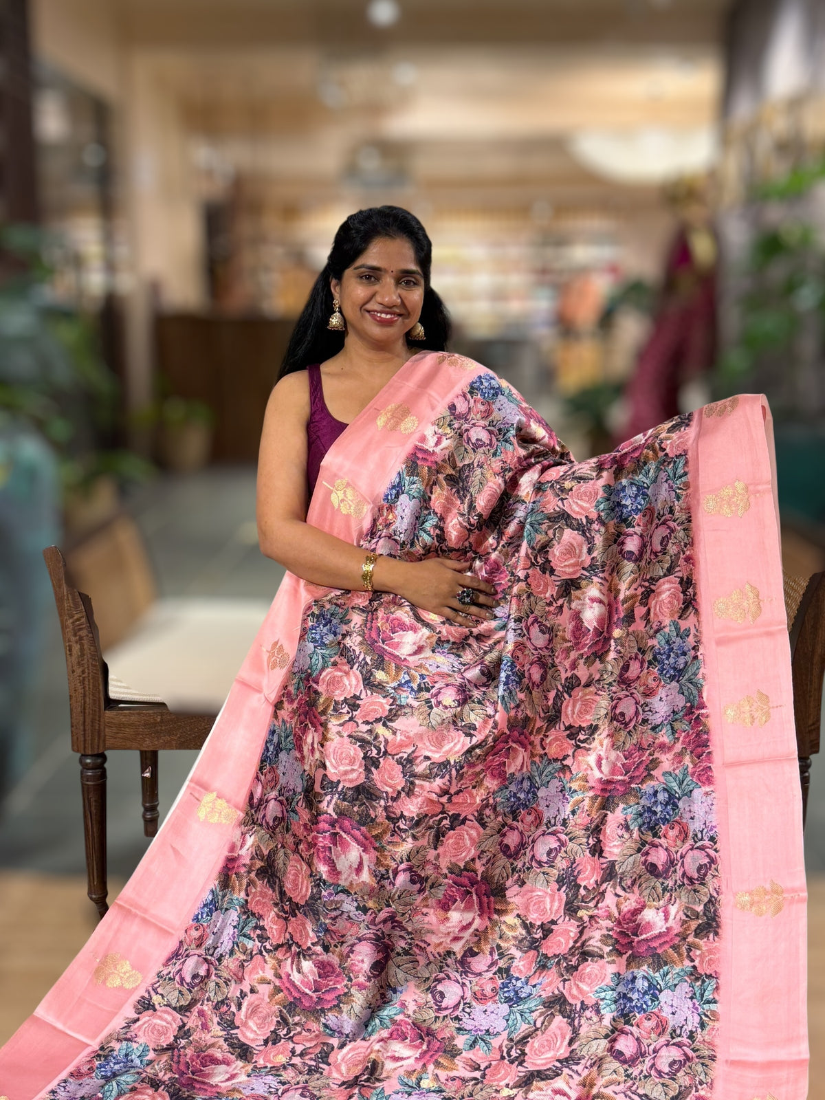 Neon Pink Kanchi Soft Silk with beautiful Rose Floral Print