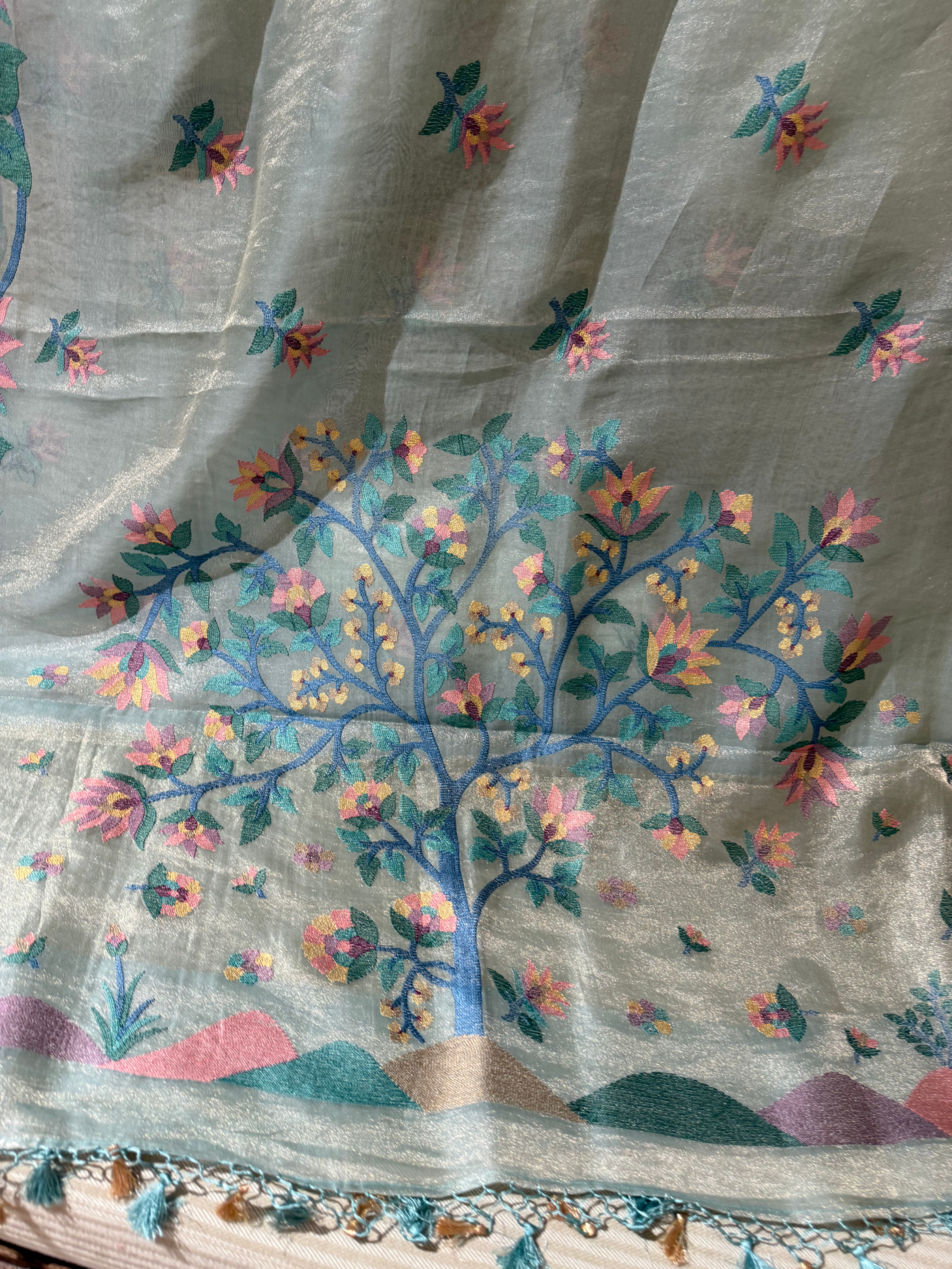 STJA209 :  Light Sea Blue Tissue With Jamdani Look Embroidery