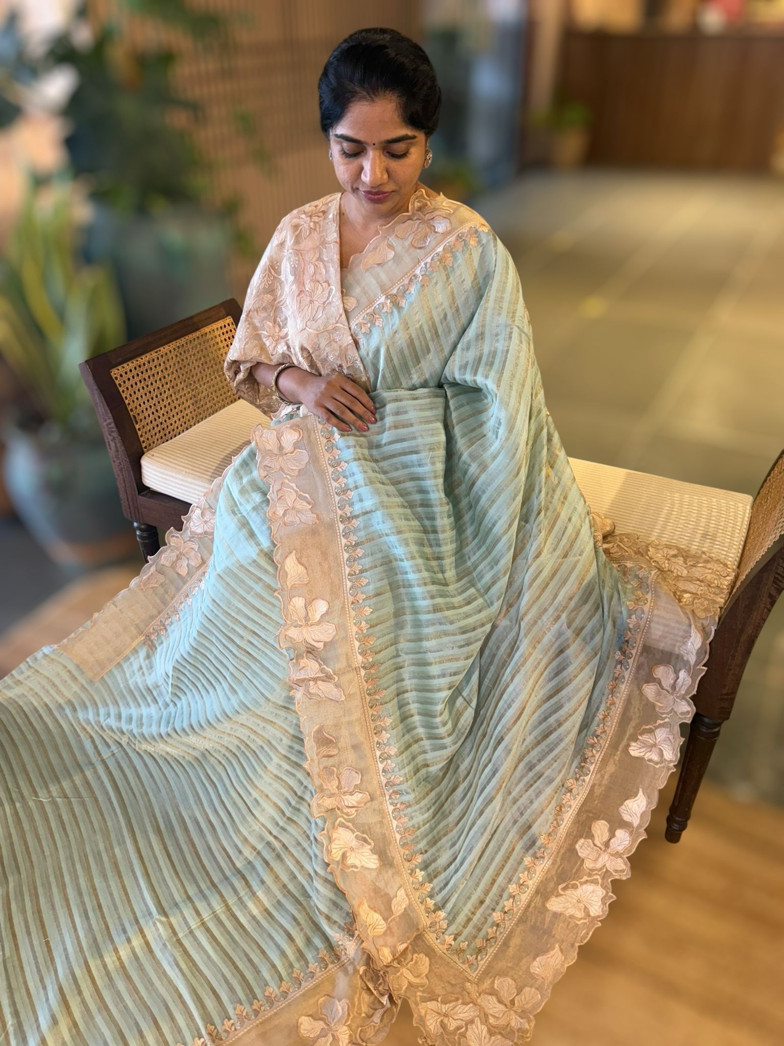 Pastel blue Mul Tissue Stripes Saree With Tissue Cutwork  Border & Blouse