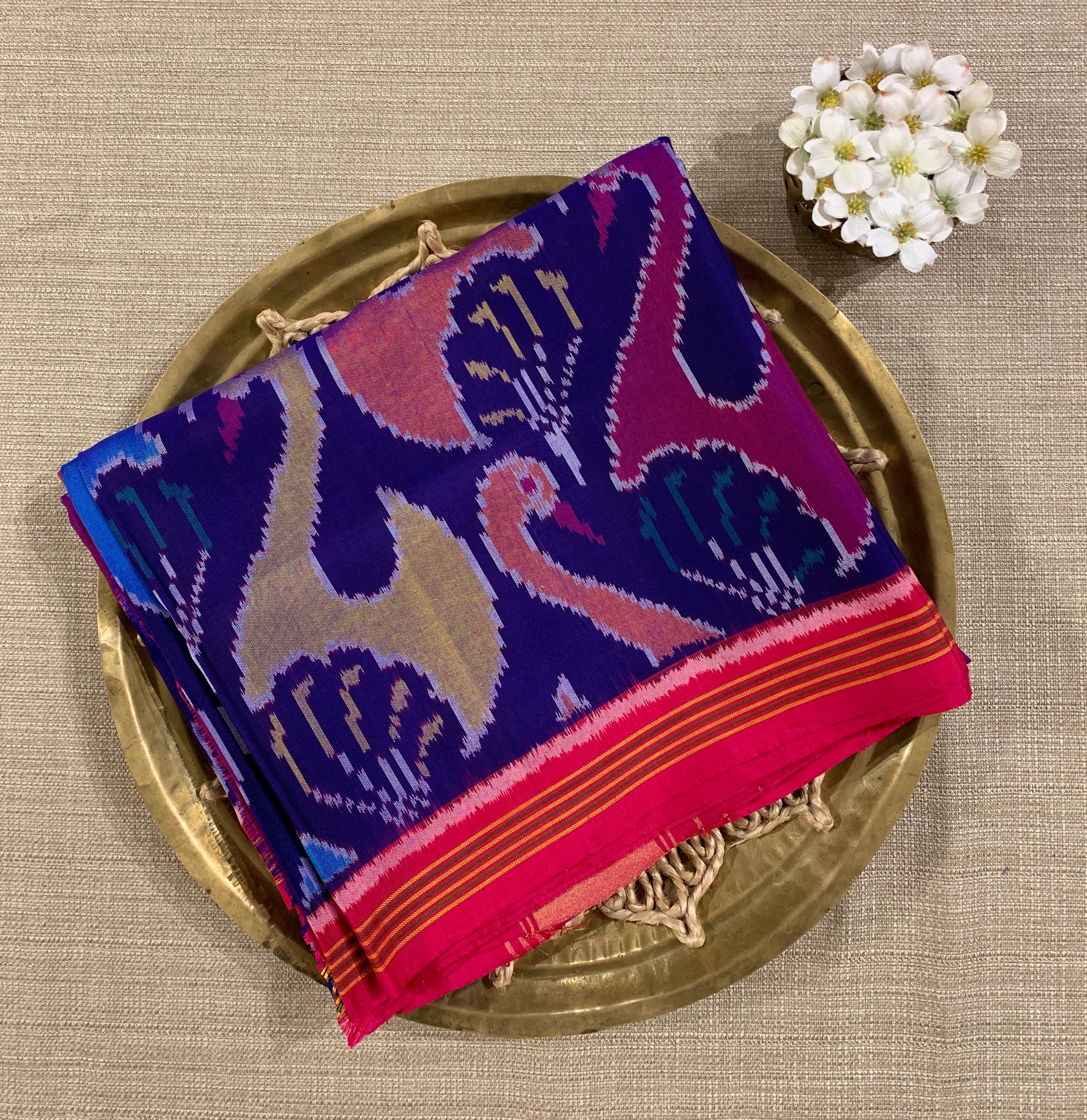 Purplish Blue and Reddish Pink Patan Patola Saree with Statement Swan Pattern
