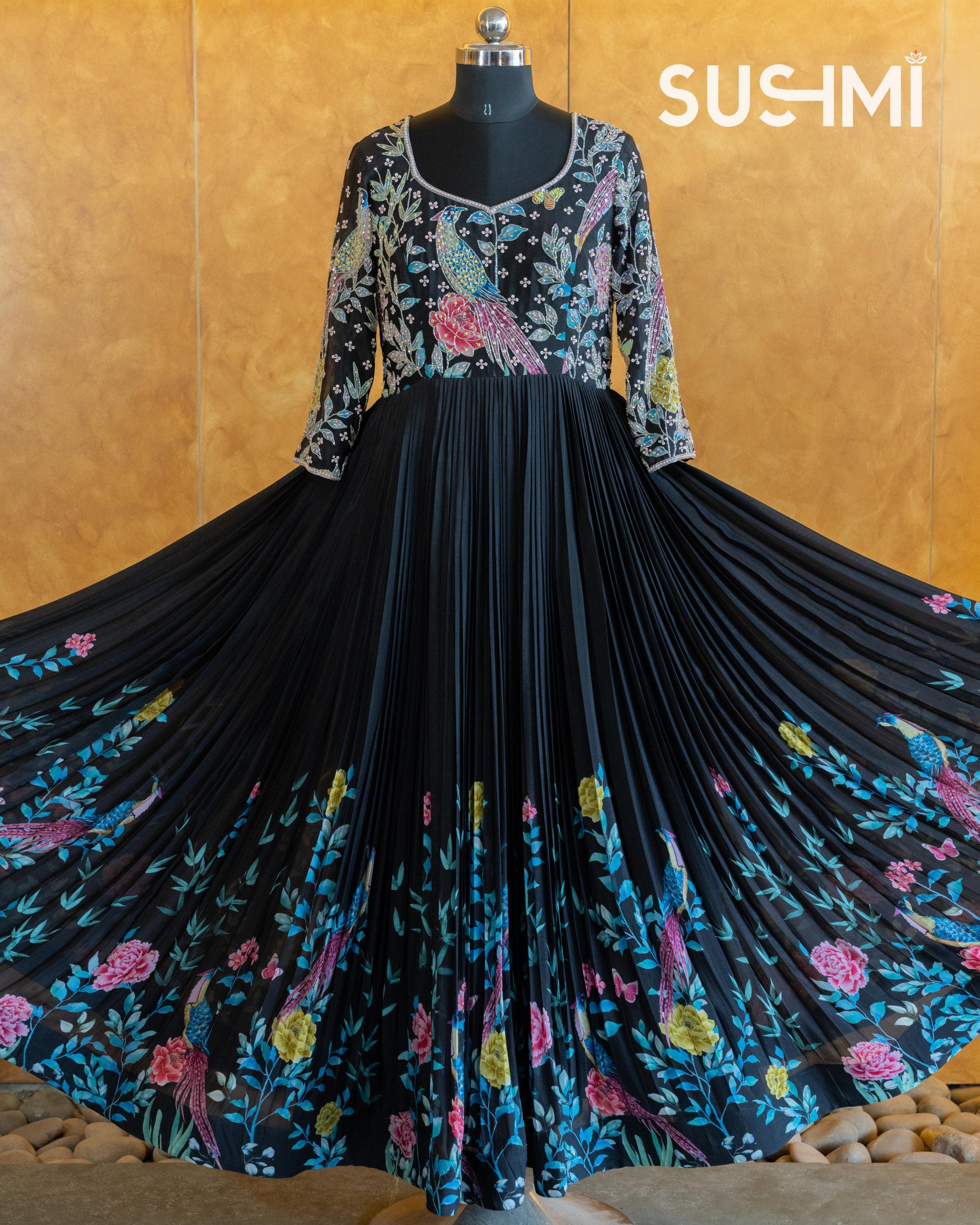 Pure Chinnon Printed Long Frock with handwork yoke