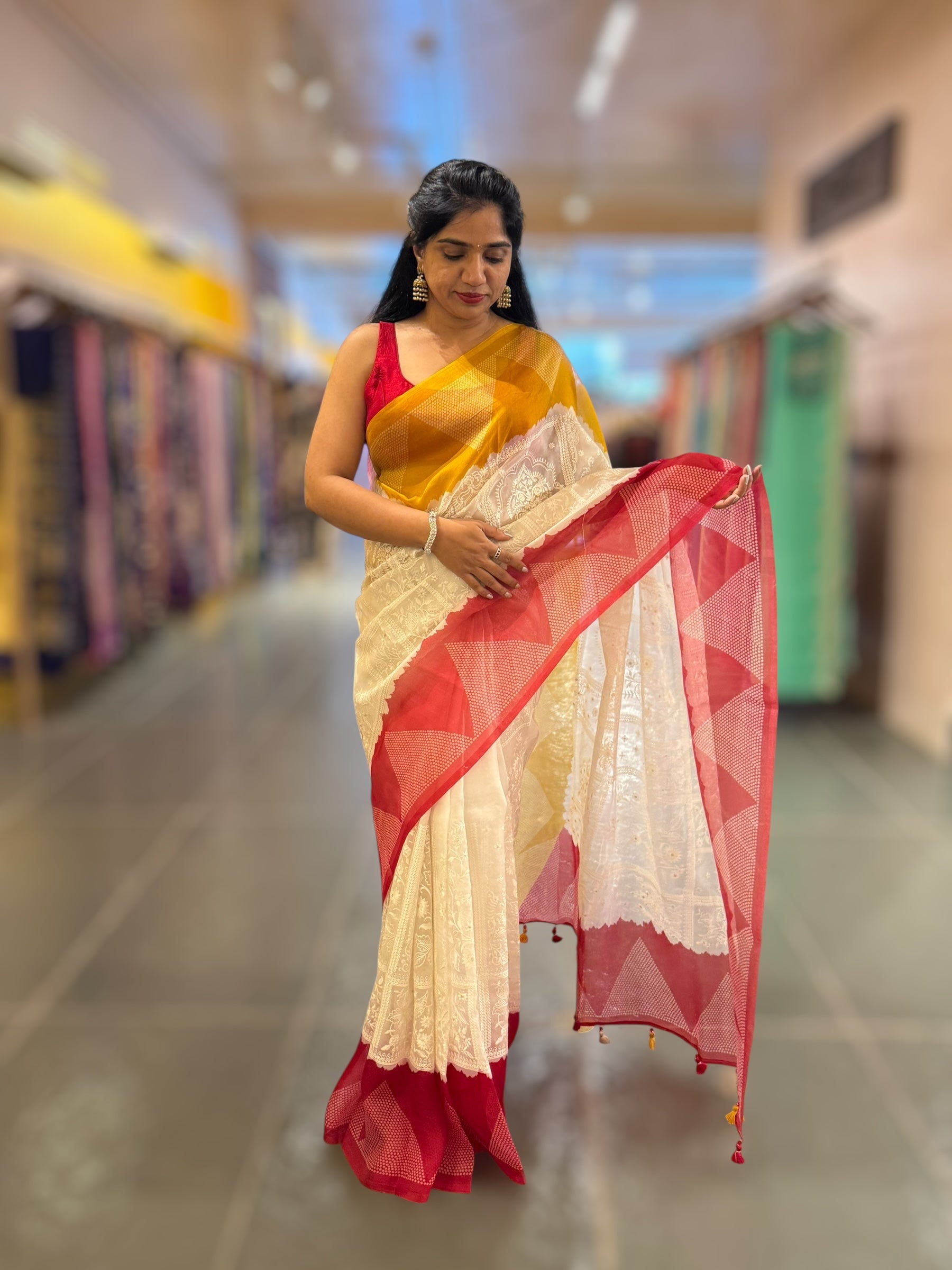 Organza Chikankari Embroidery Saree With Ganga Jamuna Bandhini Temple Borders