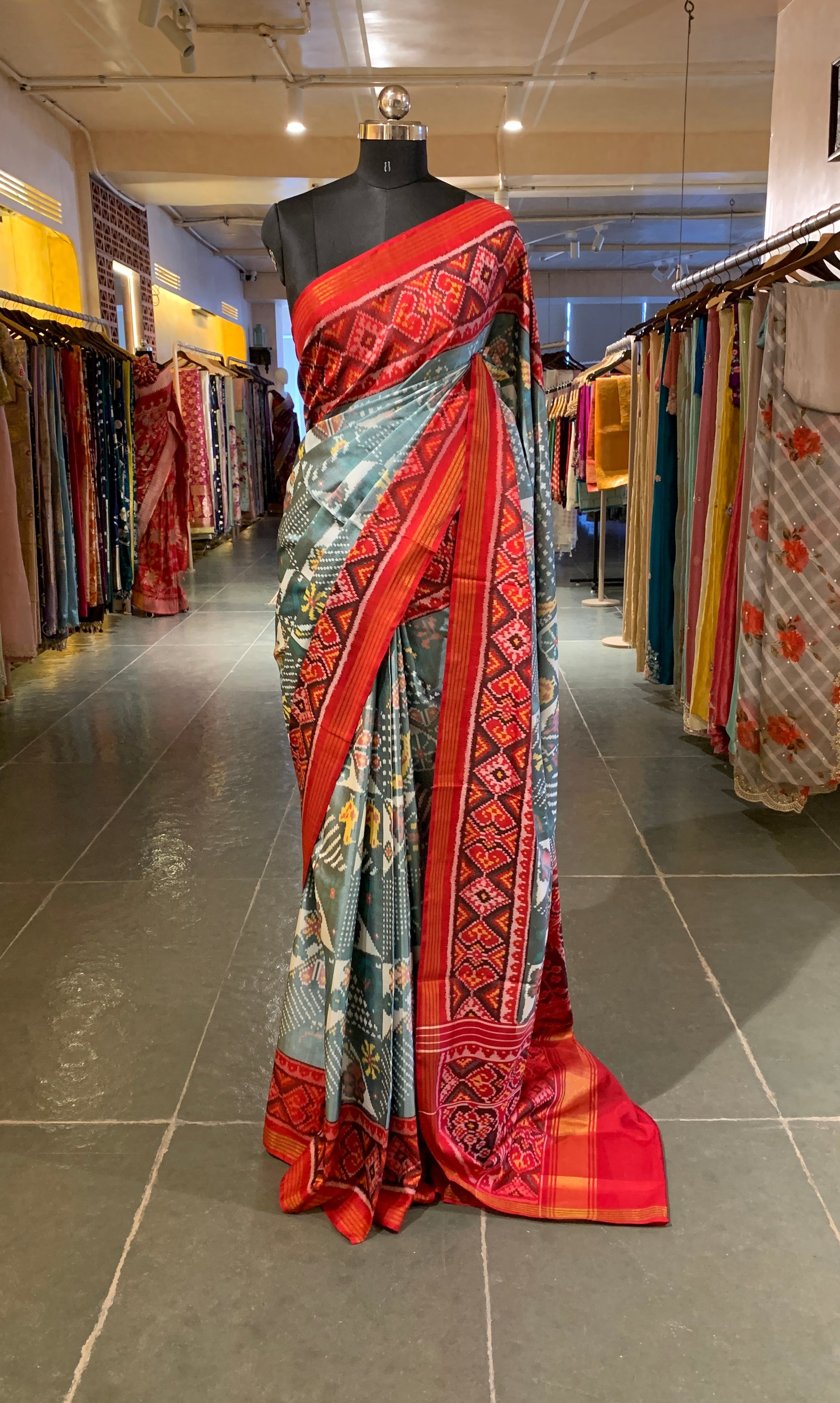 Light Blue and  Red Combo Pure Patan Patola Saree with Unique Concept Body
