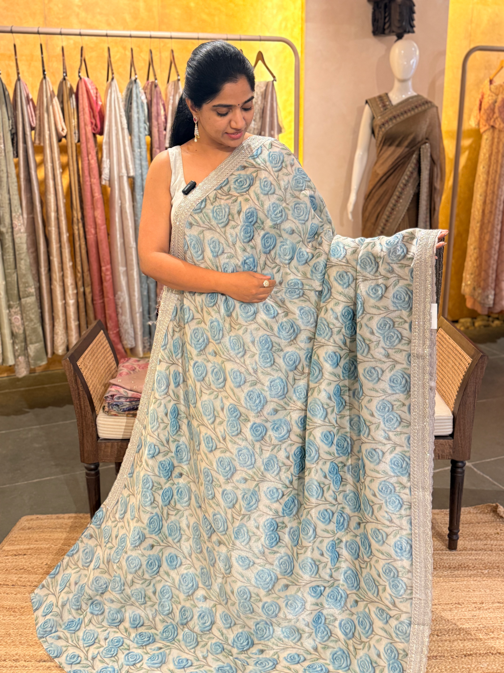 Tissue Gorgette Saree with 3D Floral Print hemlined with Sabhyasachi borders