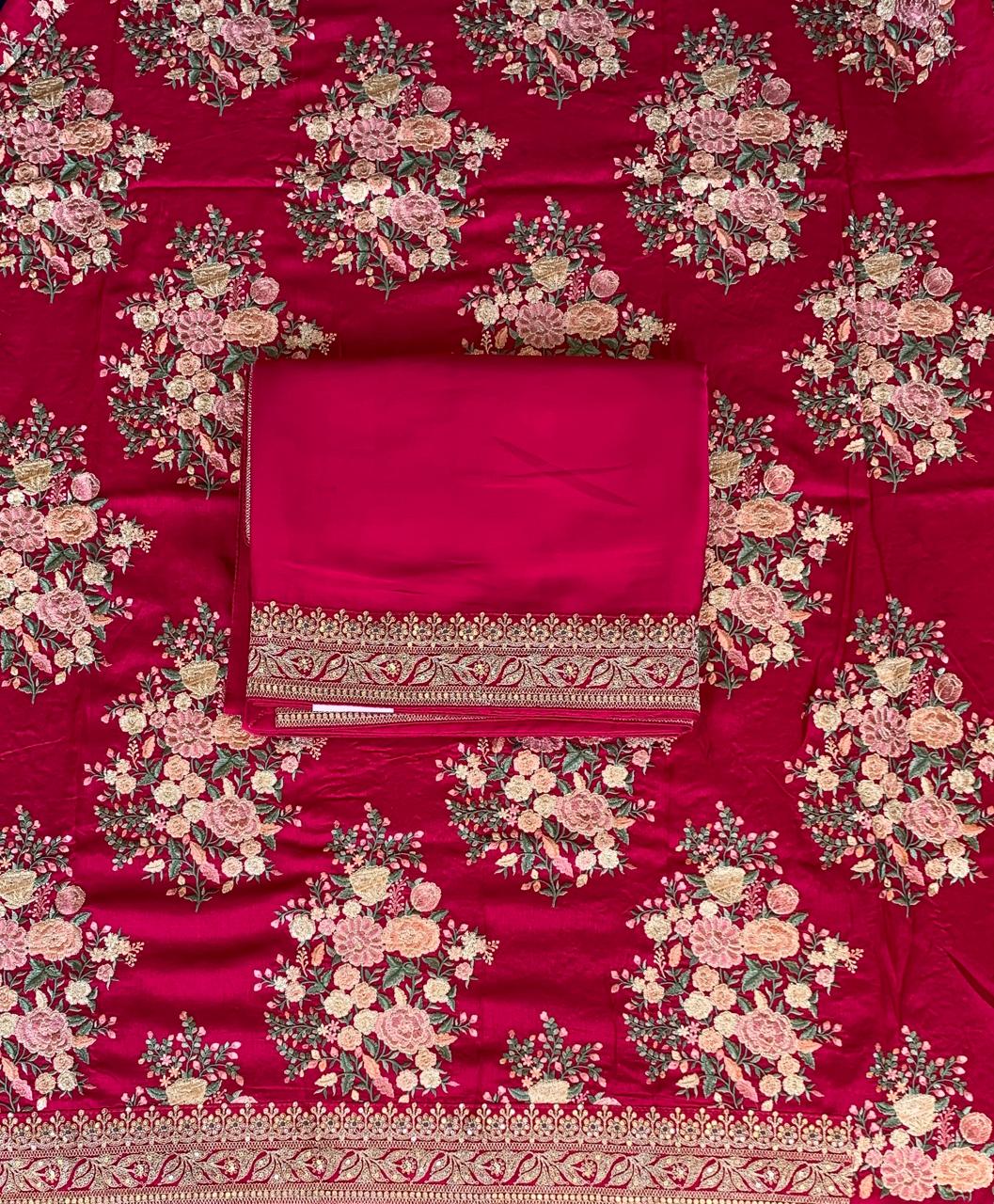 Dark Pink Pure Satin Silk Saree With Sabhya Borders & Allover Emb Blouse