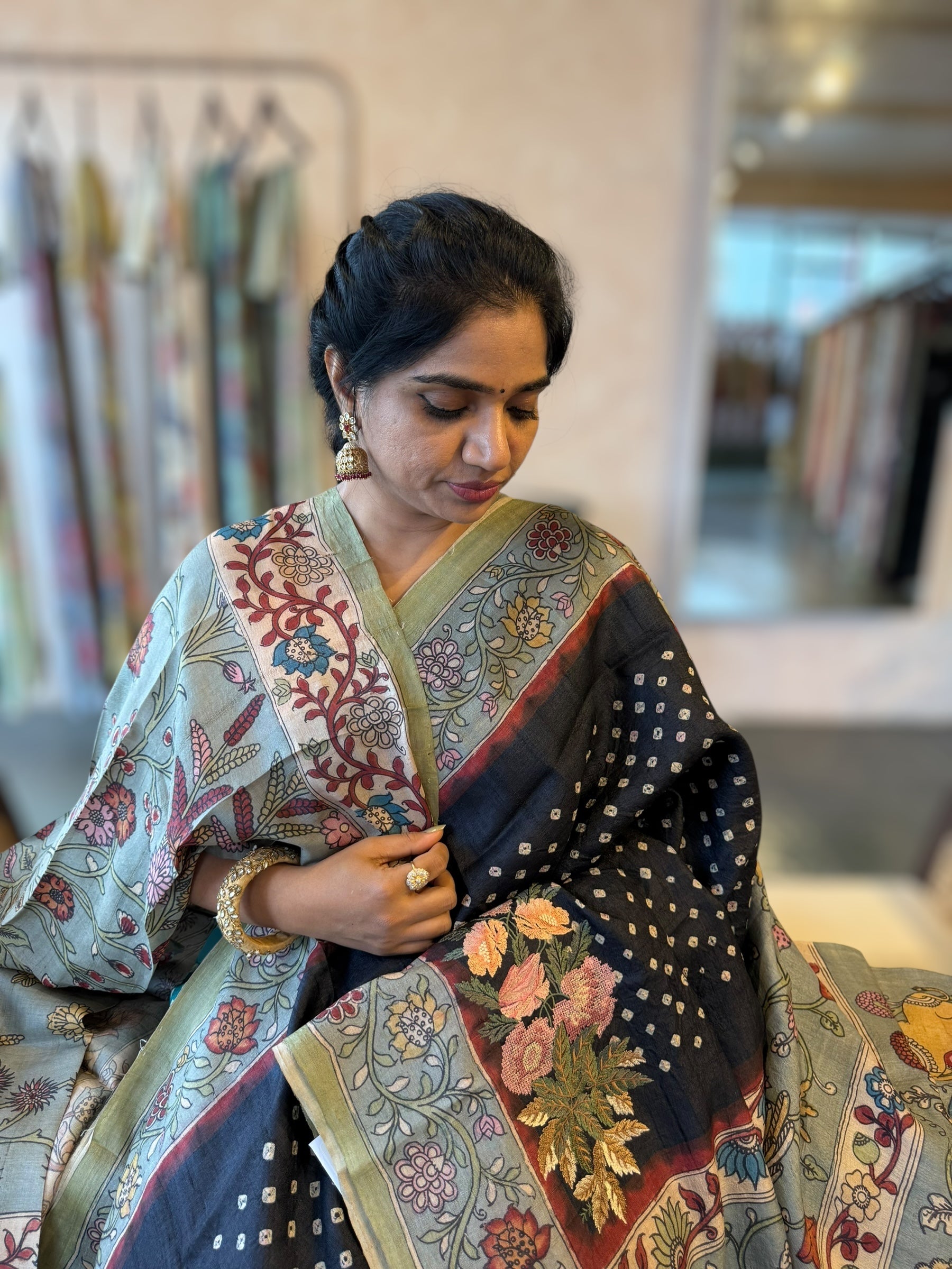 Black Tussar Bandhini Saree With Pen kalamkari Border & Petite Point Emb Blouse