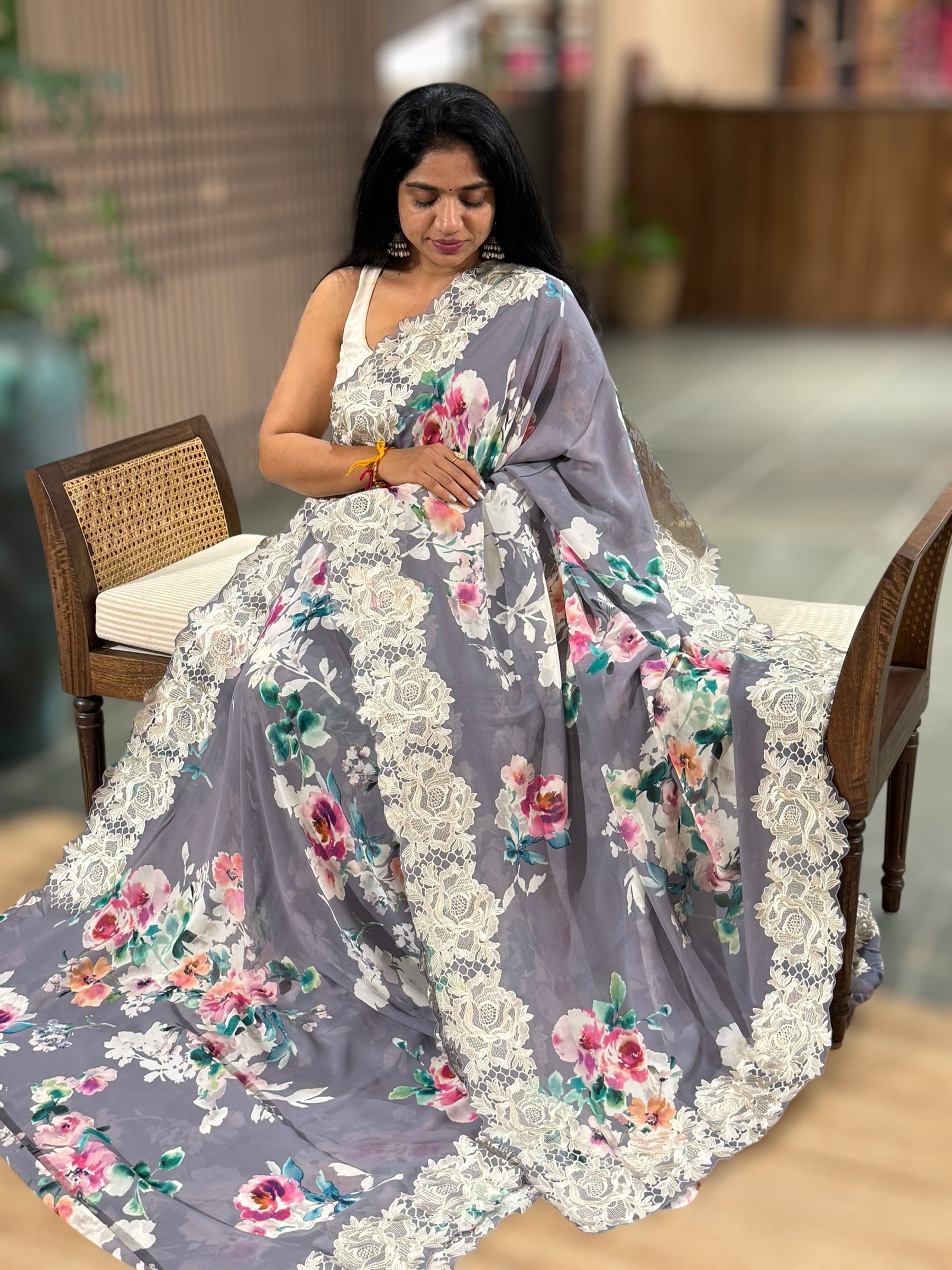 Blusih Grey Gorgette  Saree With Chatilly Lace Style Cutwork embroidered Border