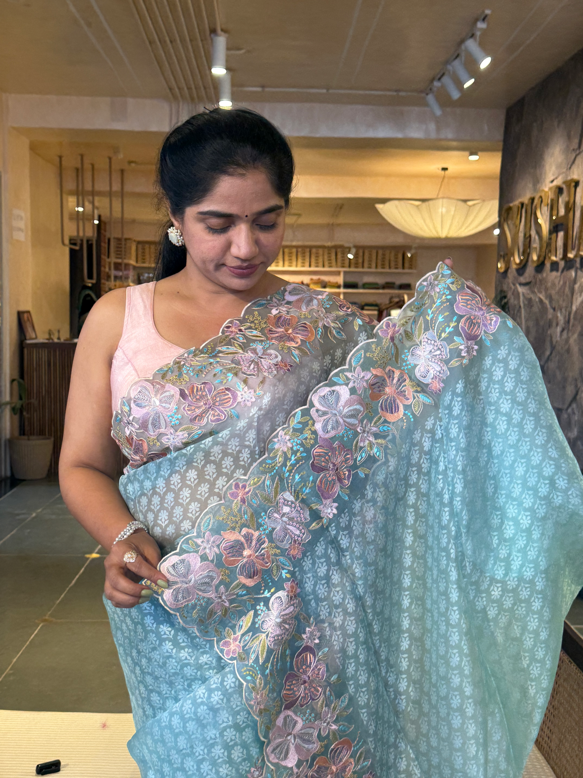 Blue Pure Organza Brasso Saree with Stunning Embroidered Border and Blouse
