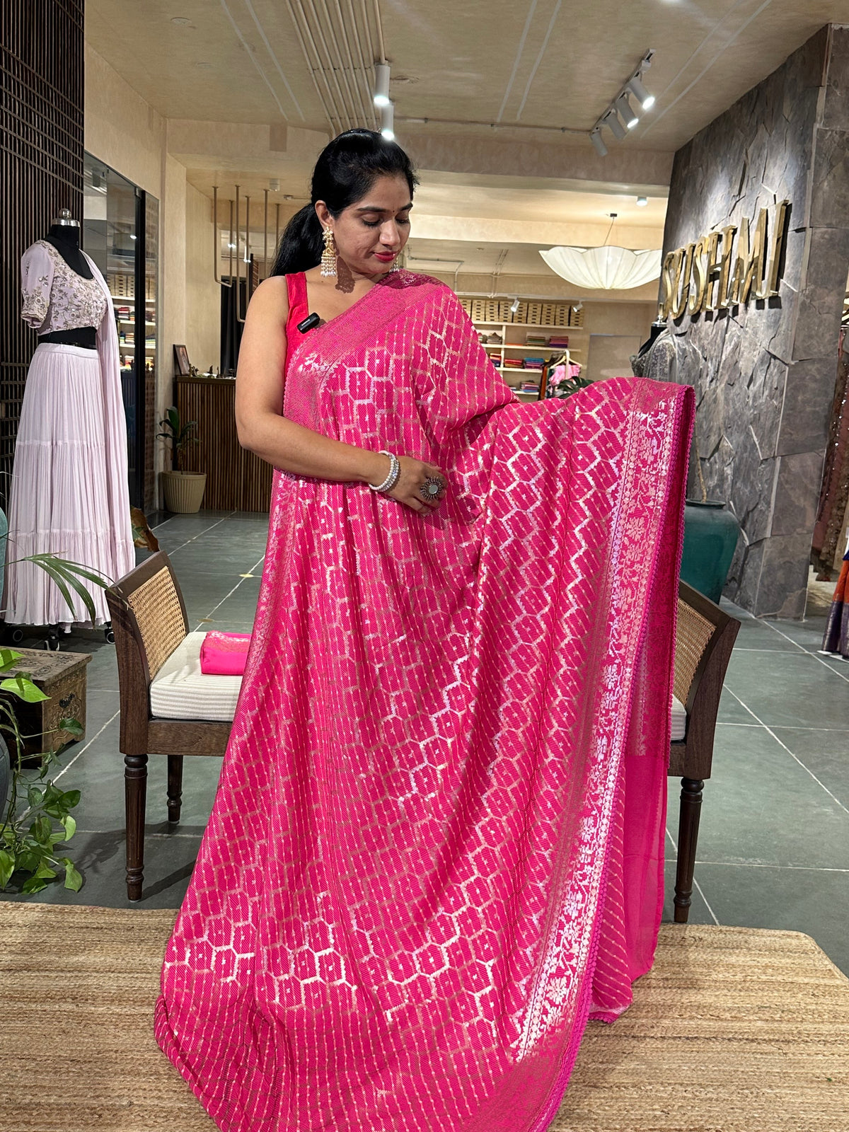 Pink Pure Gorgette Lehariya Bandhini Sequnce Saree