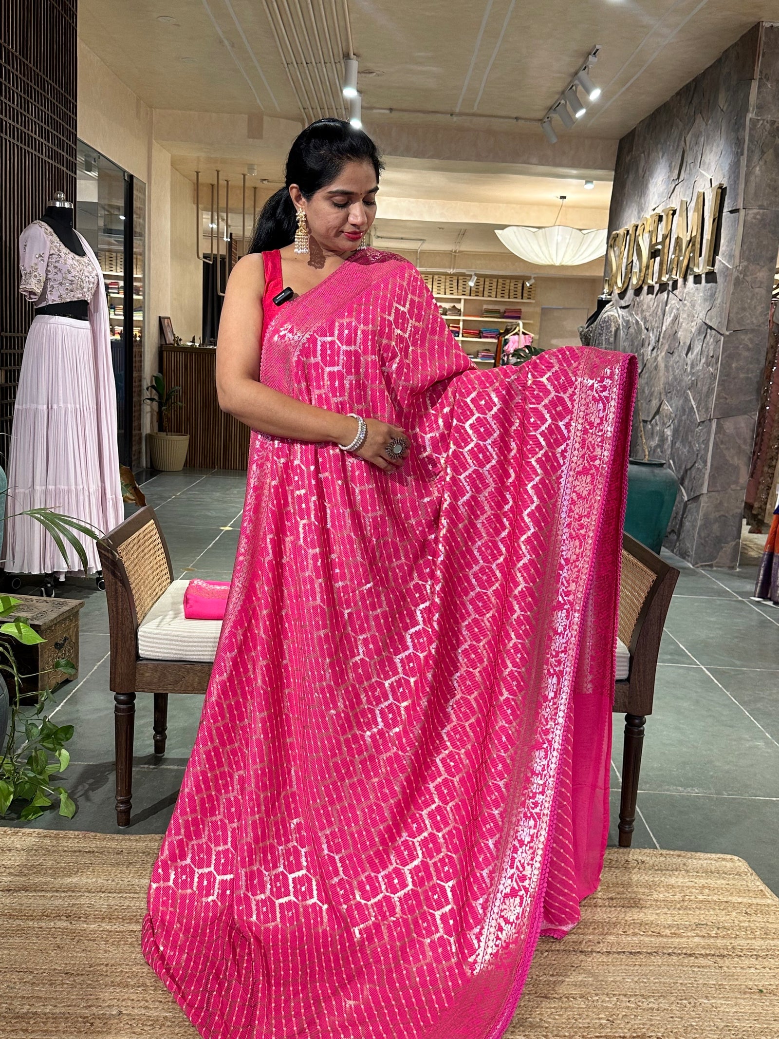 Pink Pure Gorgette Lehariya Bandhini Sequnce Saree