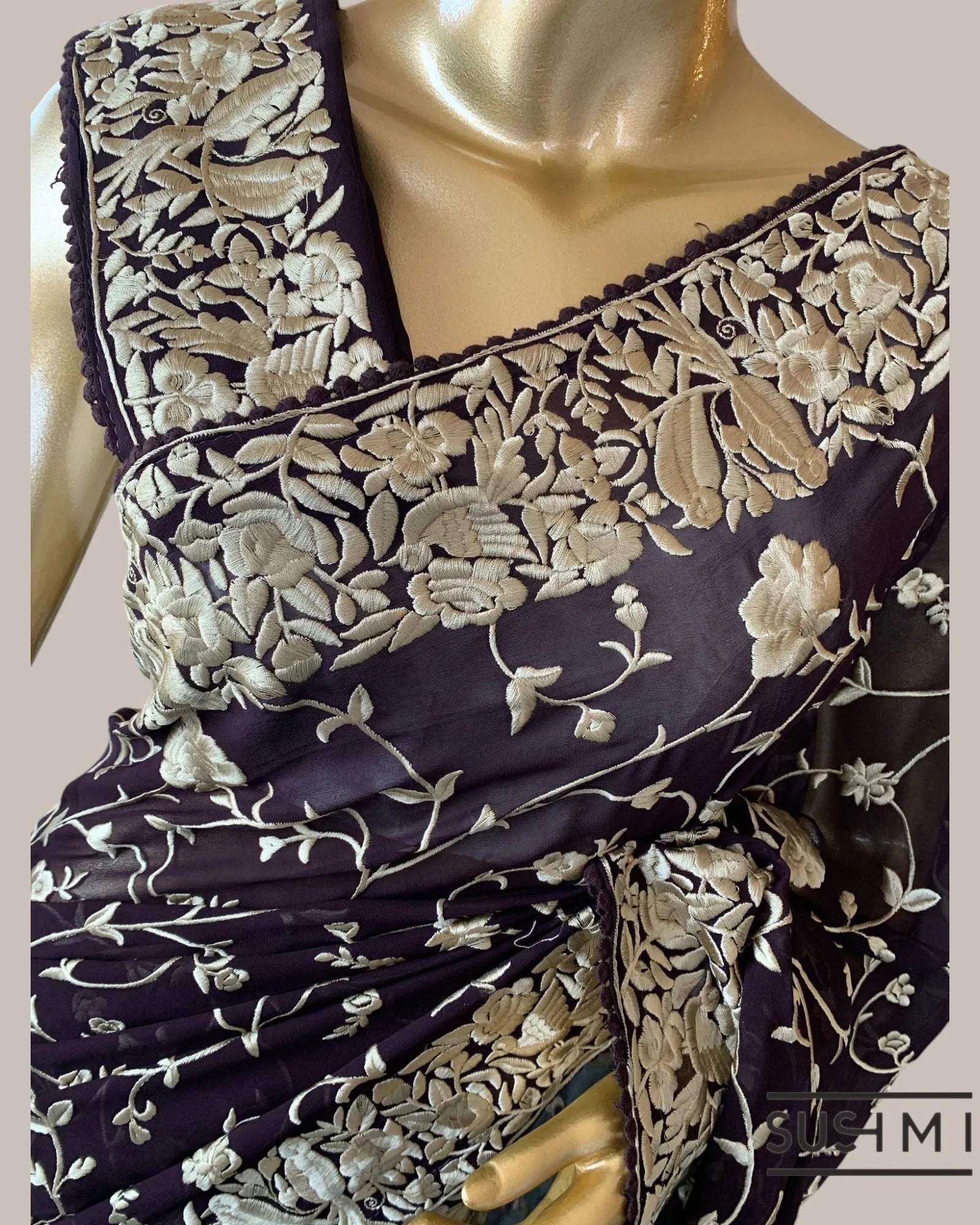 Coffee Brown Pure Gorgette Saree With Parsi Gara Style Allover Embroidery   Orig