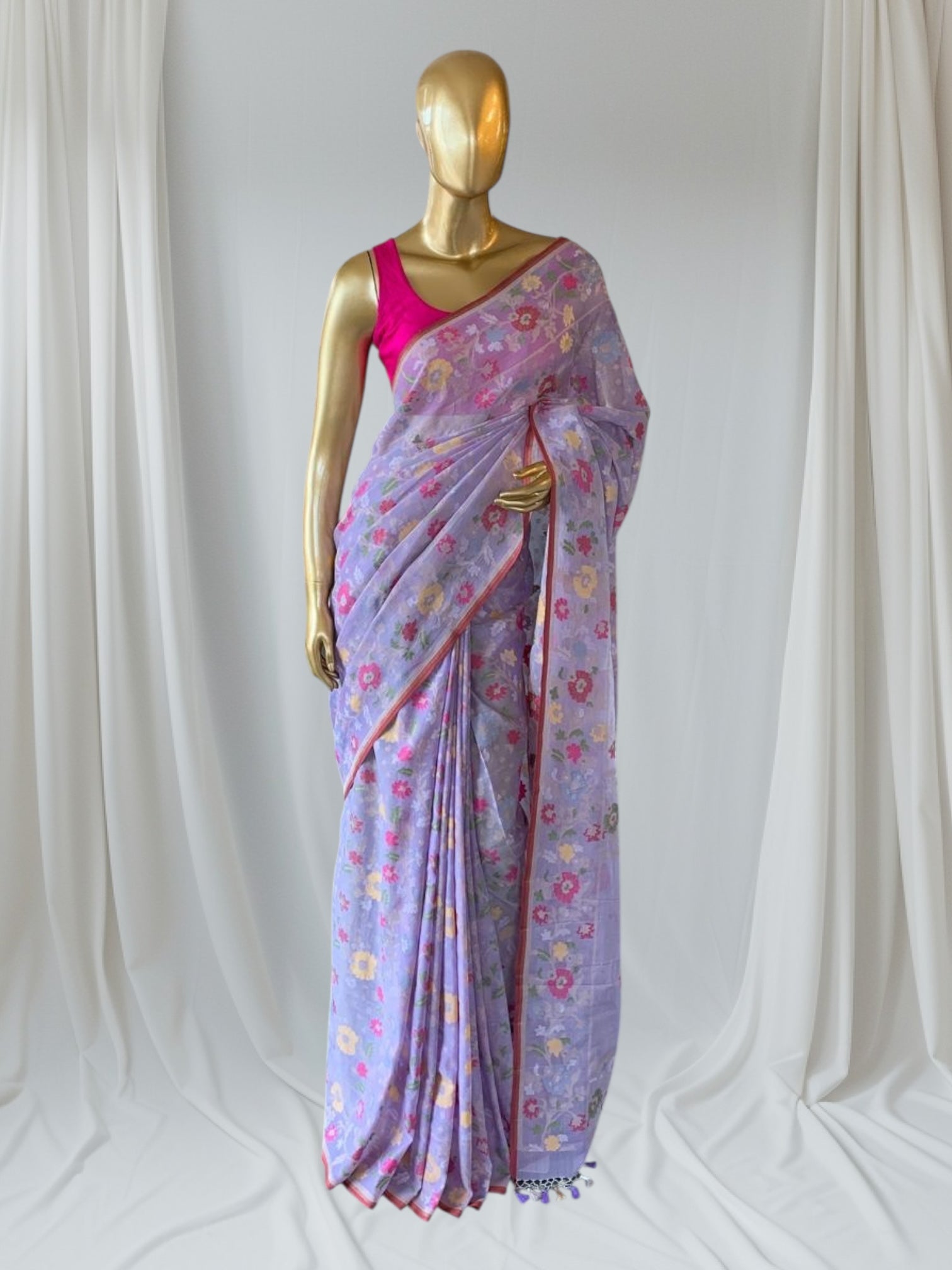 Lilac Banarasi Handloom Cotton Cut Jamdani Saree With Allover Meenakari