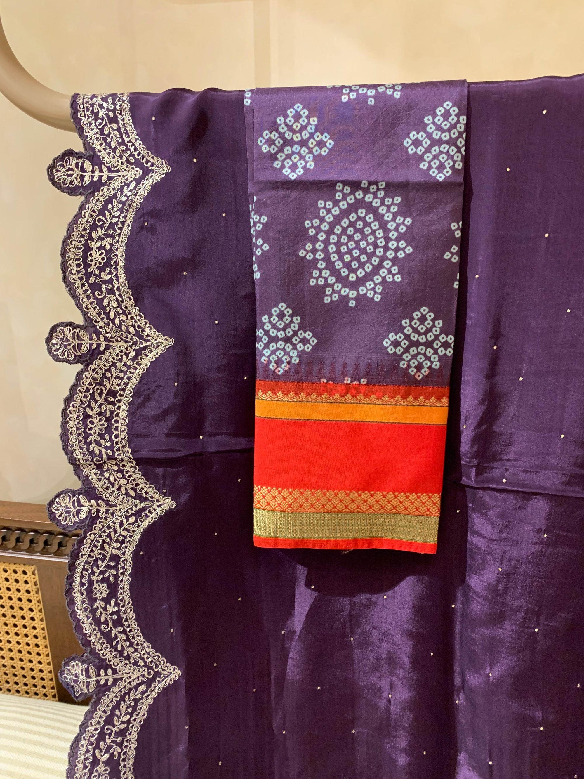 Plum Crepe Silk Saree With Pita Work Scallop Border & Pure Silk Printed Blouse