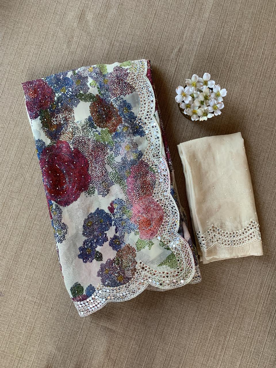 Ivory Gorgette Print with handwork mirrorwork borders