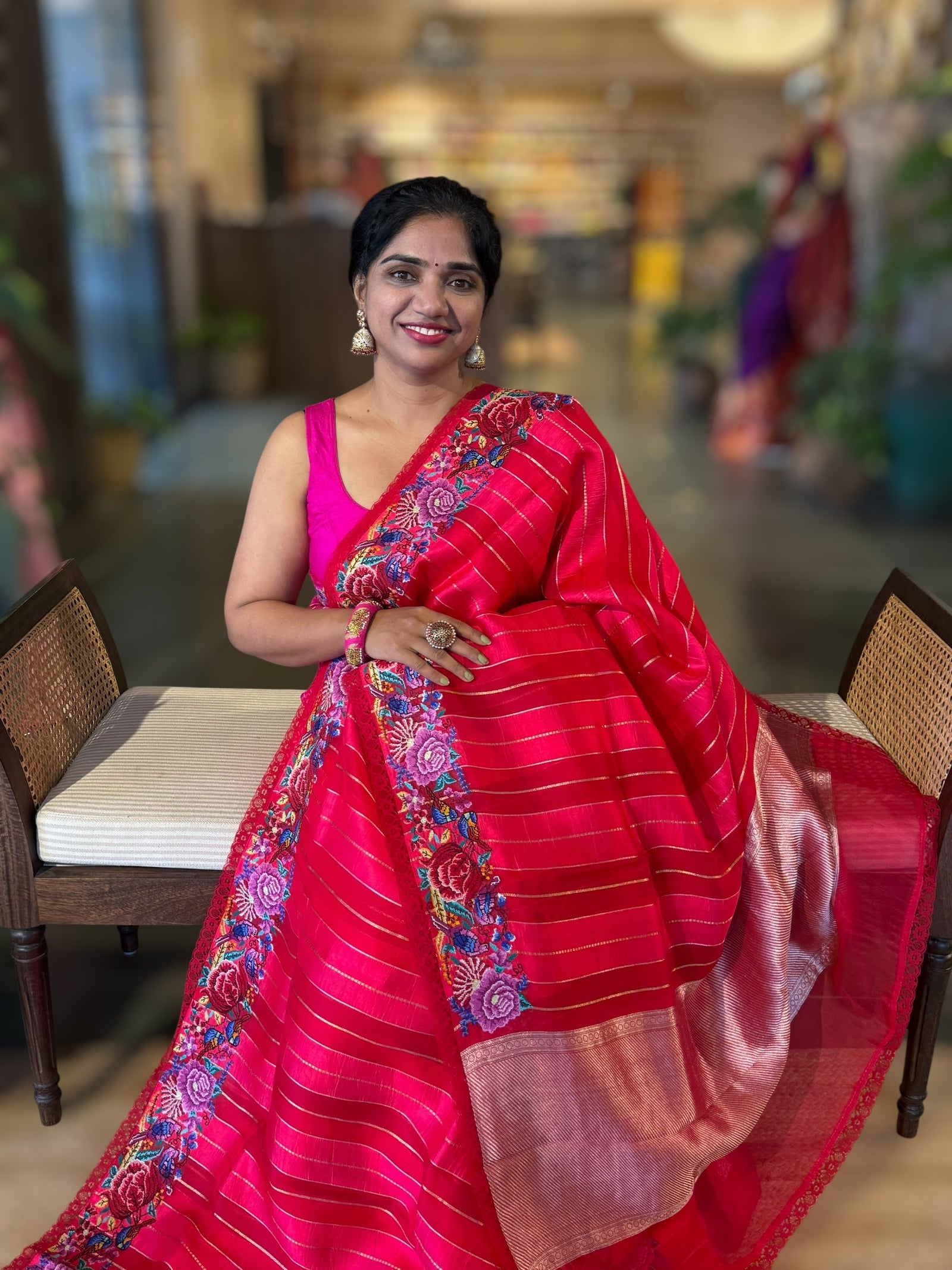 Reddish Pink Katan Silk & Kora Banarasi Stripes Saree with Petite Point Border