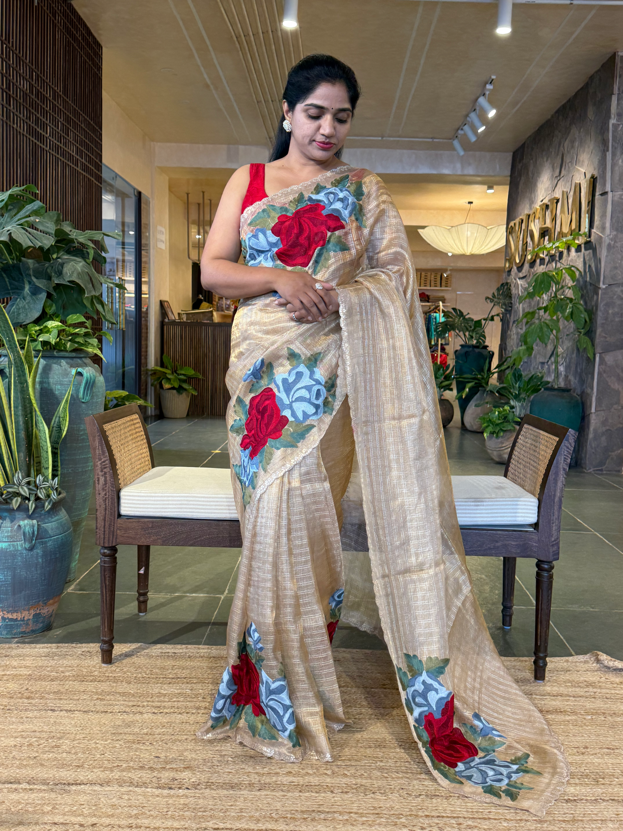 Gold Banarasi Tissue Saree with Silver Checks & Big Statement Floral Embroidery