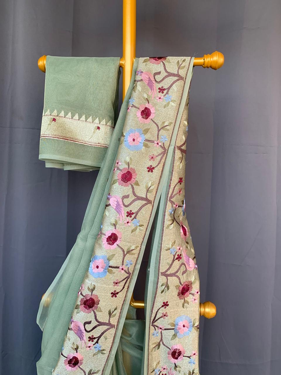 KTPA1412 Mint Kota Tissue Stripes Saree with Tissue Pythani Skirt Border