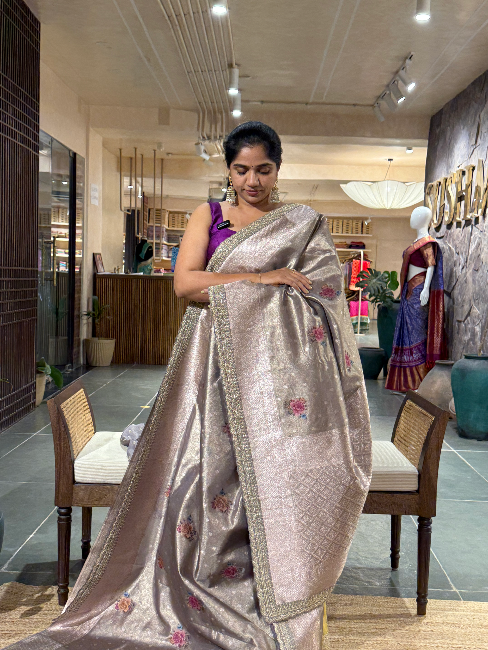 Earthy Tone Floral printed tissue Saree eith sabyasachi style border and blouse