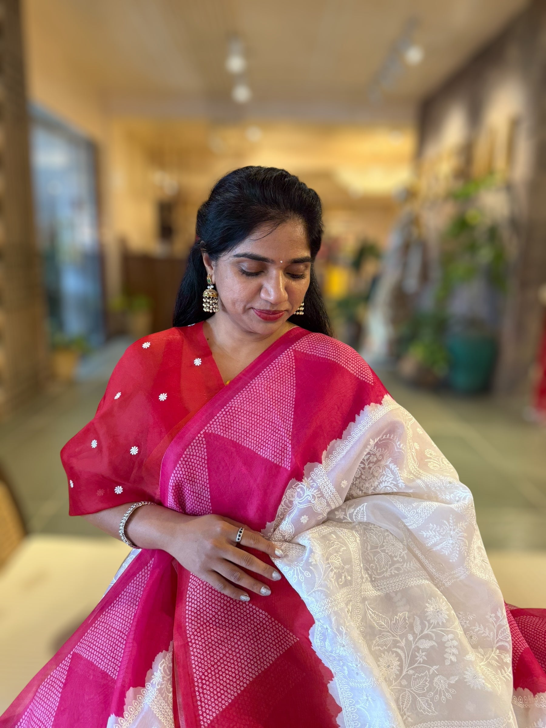 Organza Chikankari Embroidery Saree With Ganga Jamuna Bandhini Temple Borders