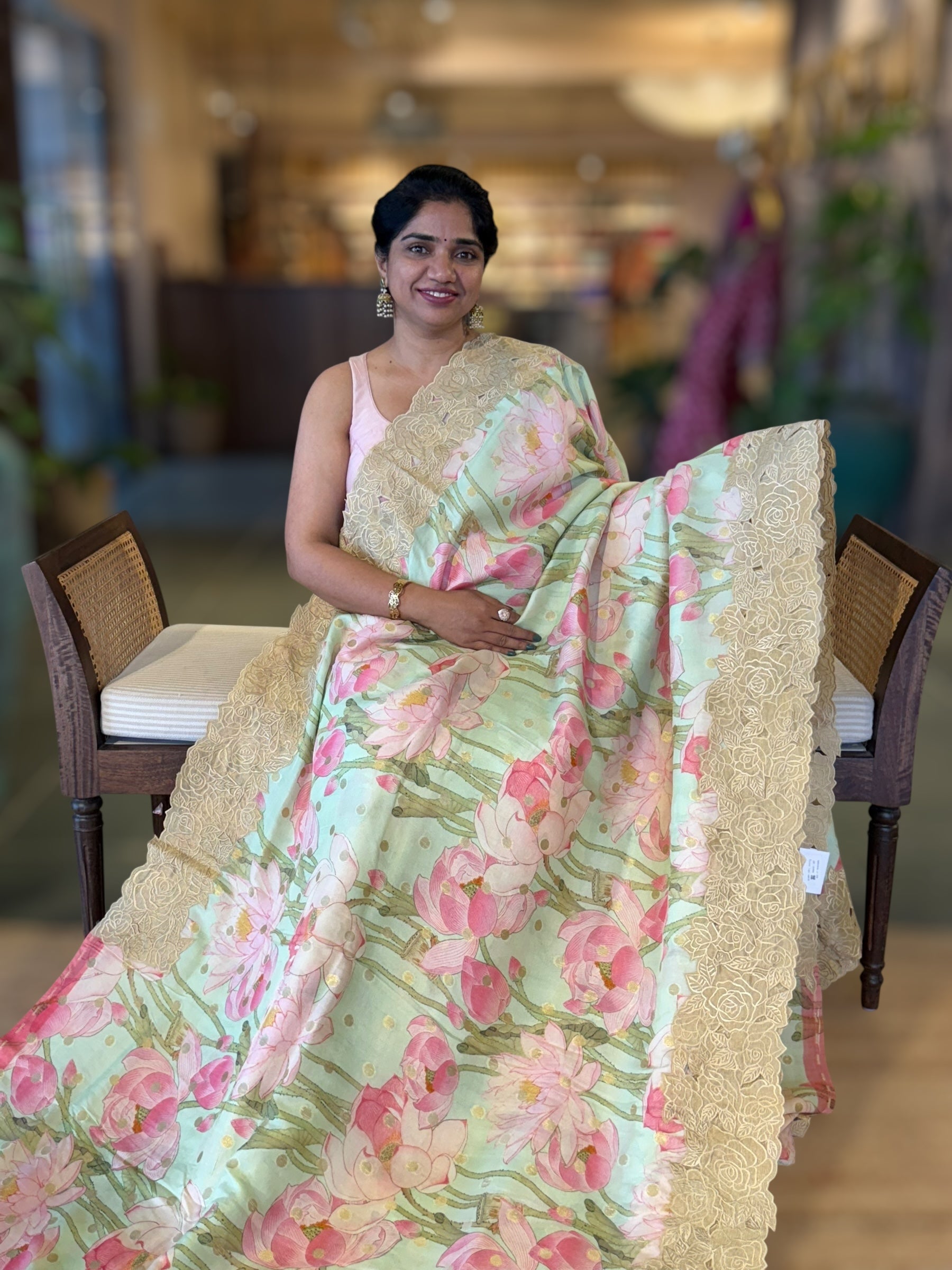 Mint Banarasi Printed Tussar Khaddi Gorgette With Tissue cutwork Rose Border