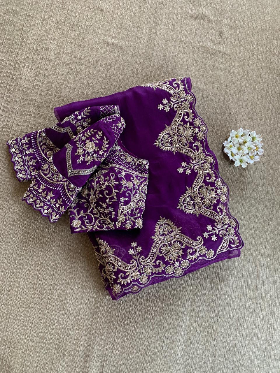 Purple Organza Heavy Handwork Saree