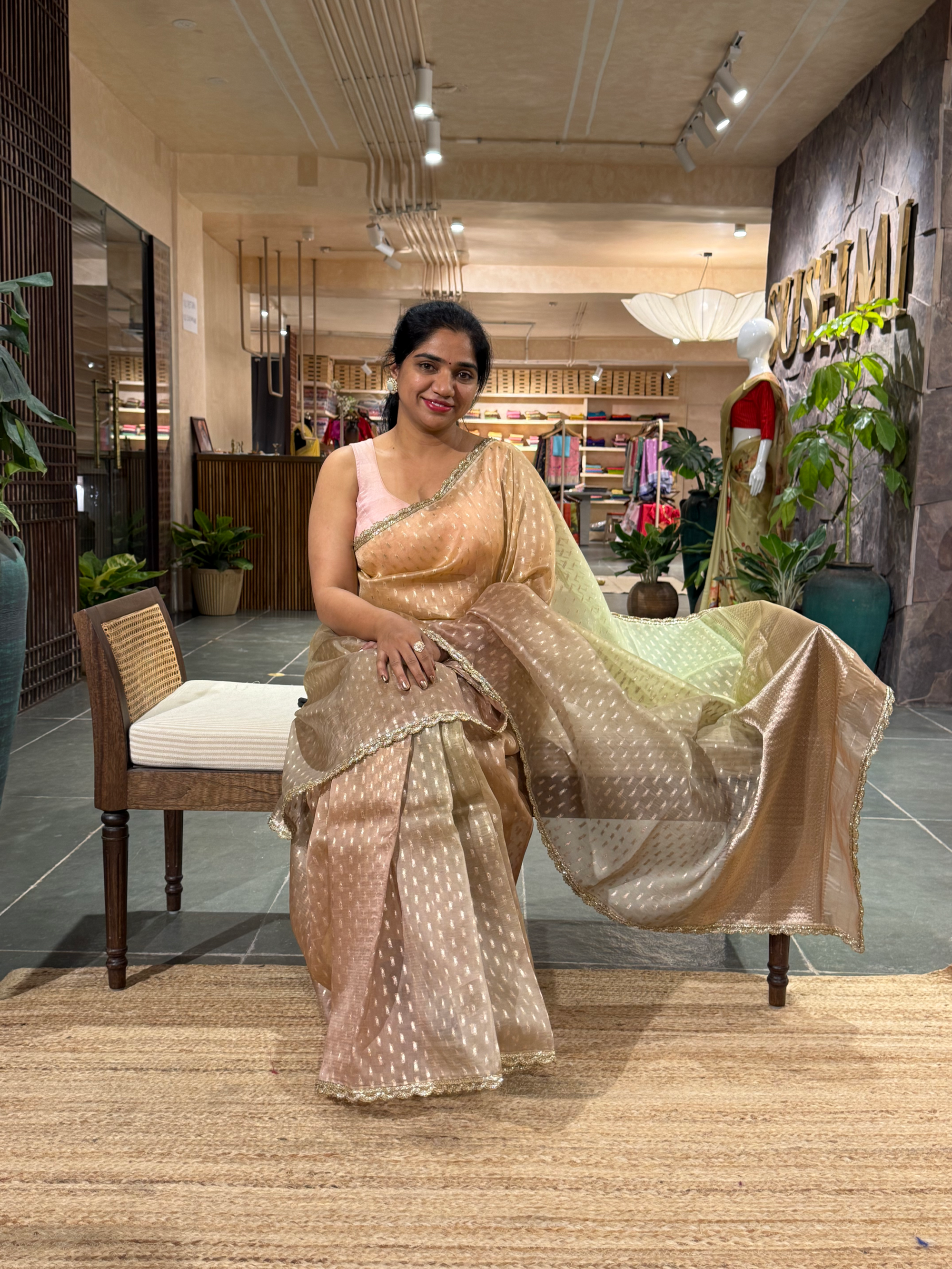 Ombre Dyed Pure Organza Saree with allover zari butis and  Embroidered Blouse