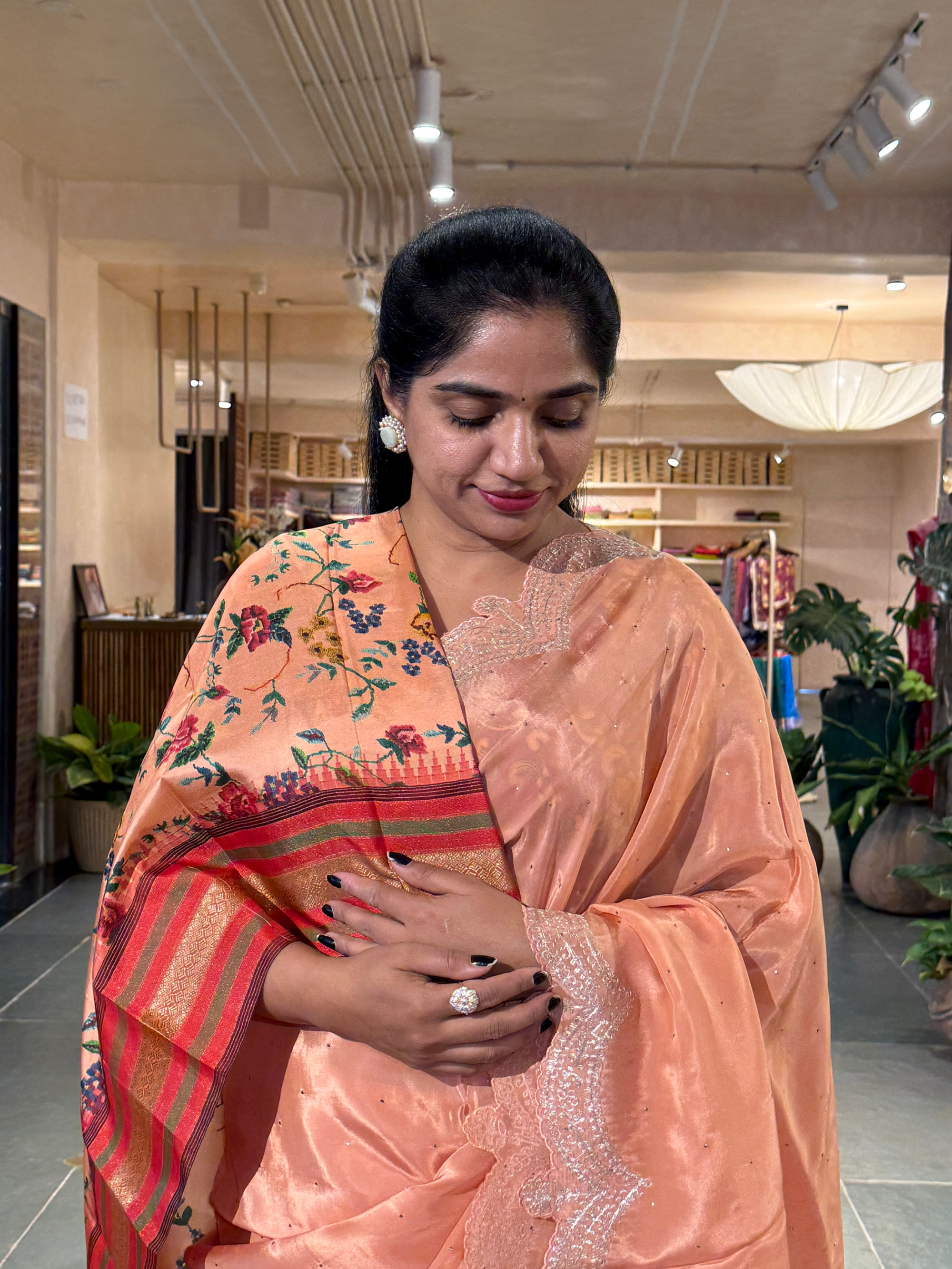 Peach Crepe Silk Saree With Pita Work Scallop Border & Pure Silk Printed Blouse