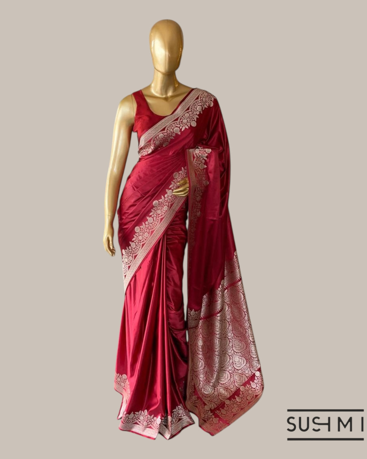 Burgundy Mashru Silk Saree With Straight and Scalloped Border