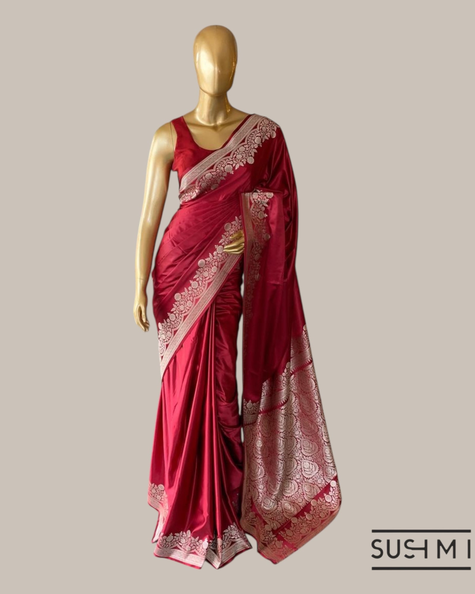 Burgundy Mashru Silk Saree With Straight and Scalloped Border