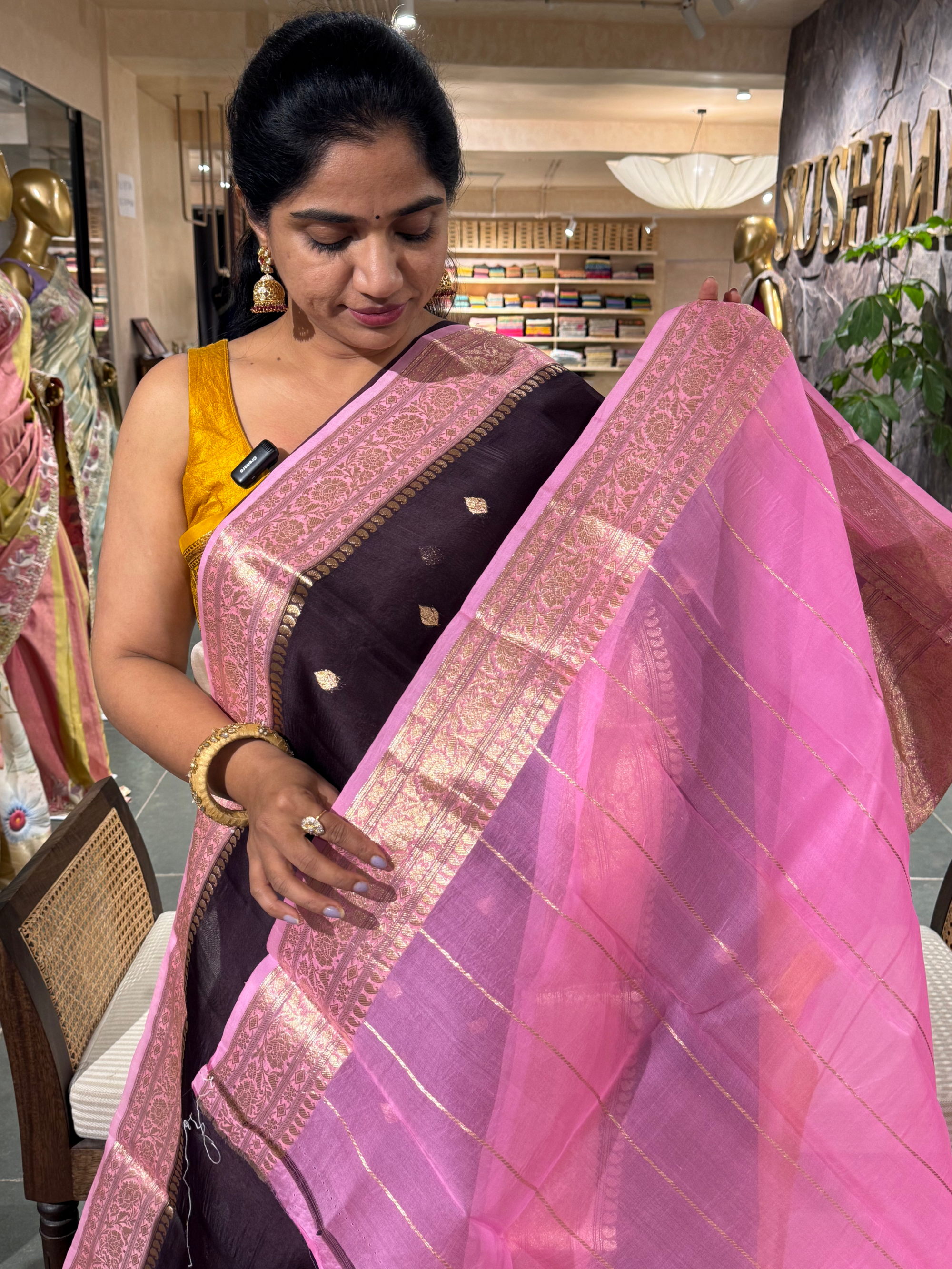 Winish Brown & Pink Combo Pure Handloom Kora Banarasi Saree n