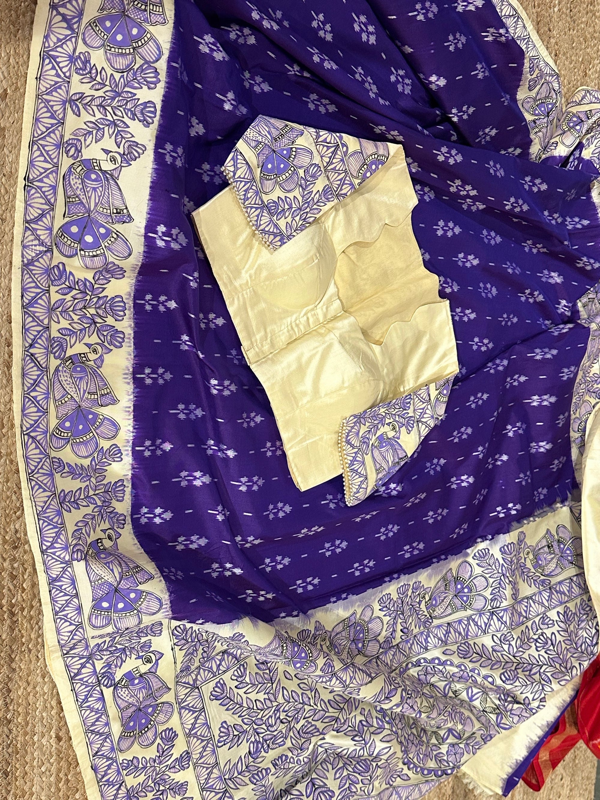 VioltPatola with Madhubhani handpainted border pallu and Blouse fed