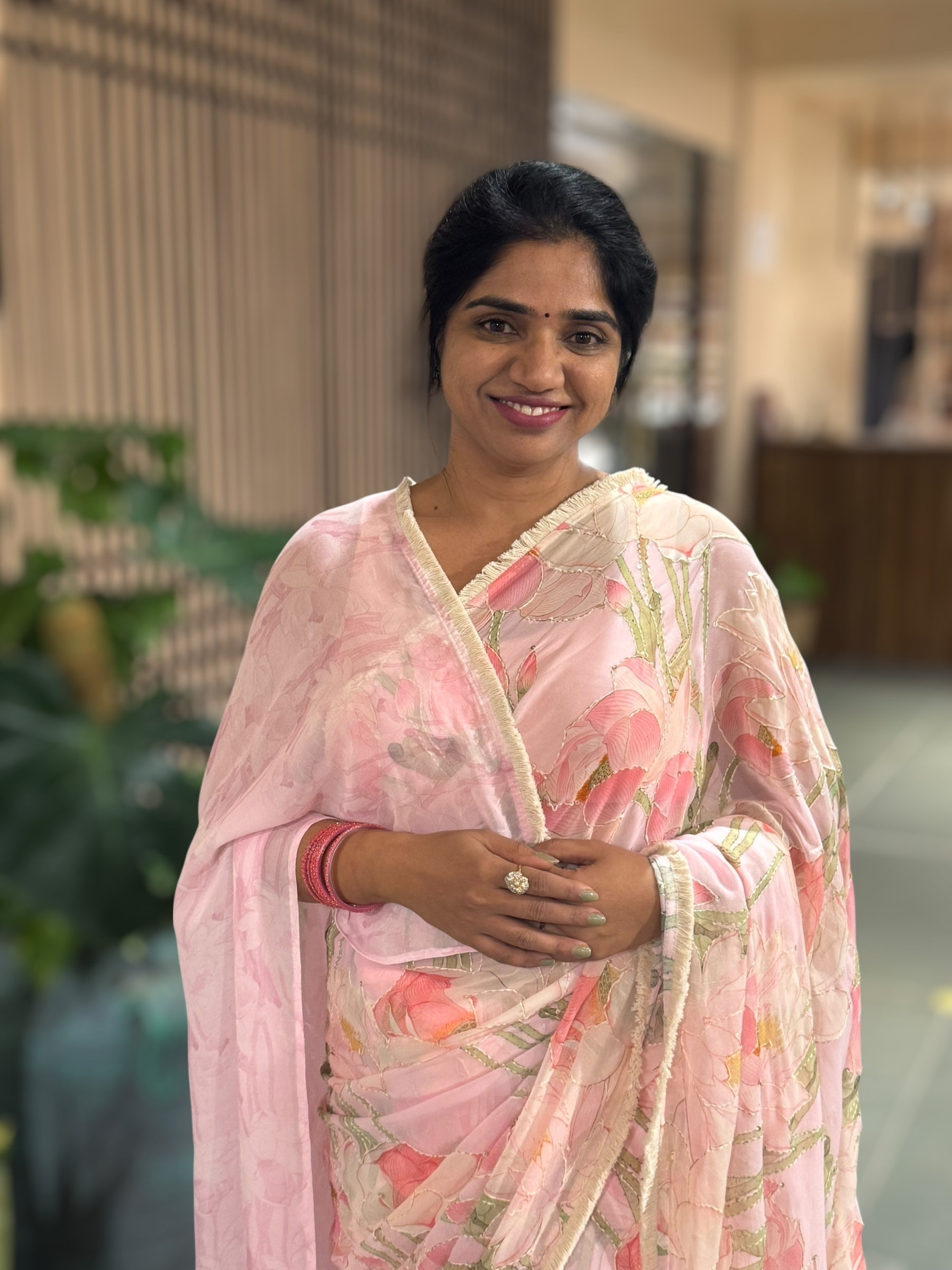 Pastel Pink Pure Gorgette Printed Saree With Allover Hand Done Katha work