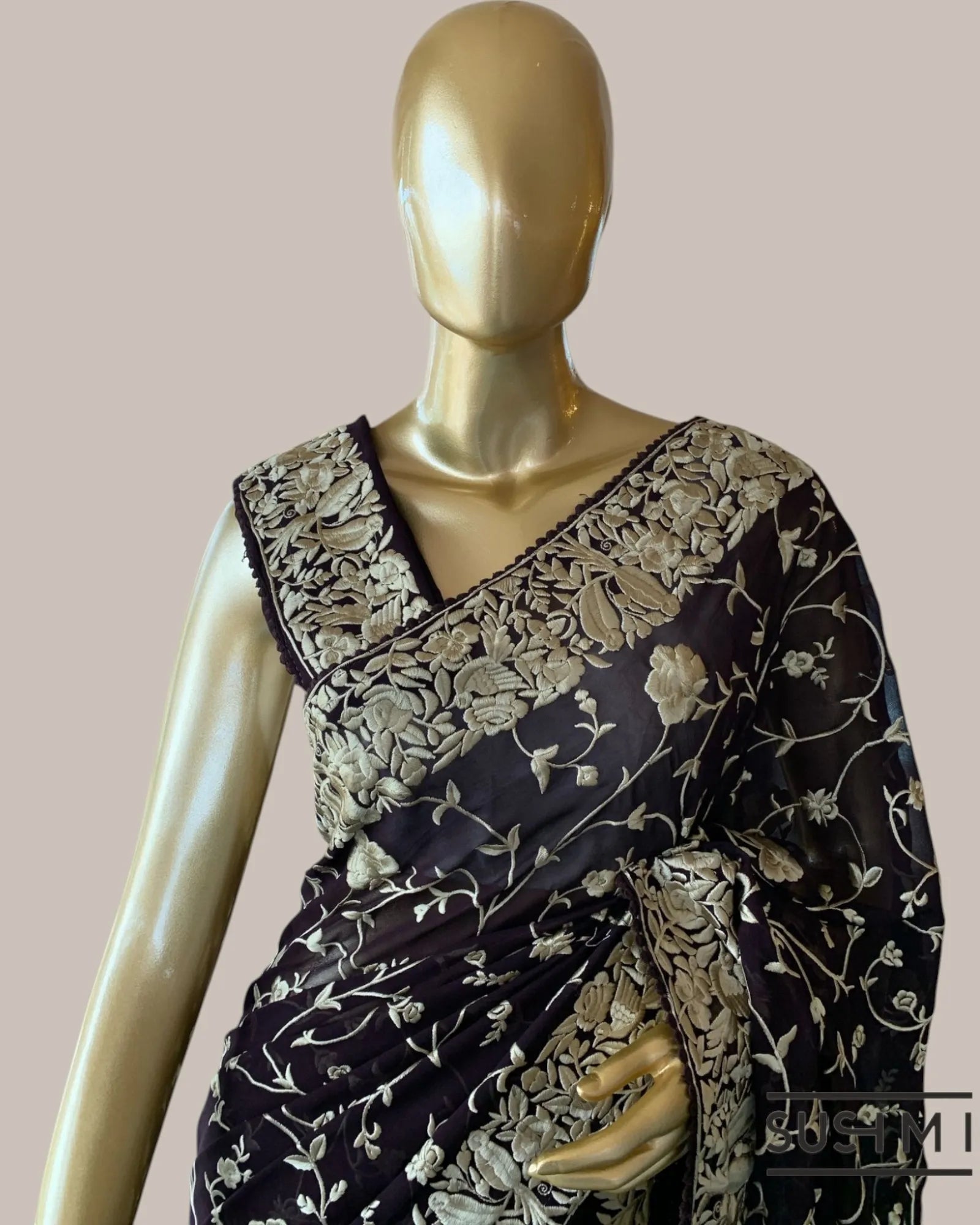 Coffee Brown Pure Gorgette Saree With Parsi Gara Style Allover Embroidery   Orig