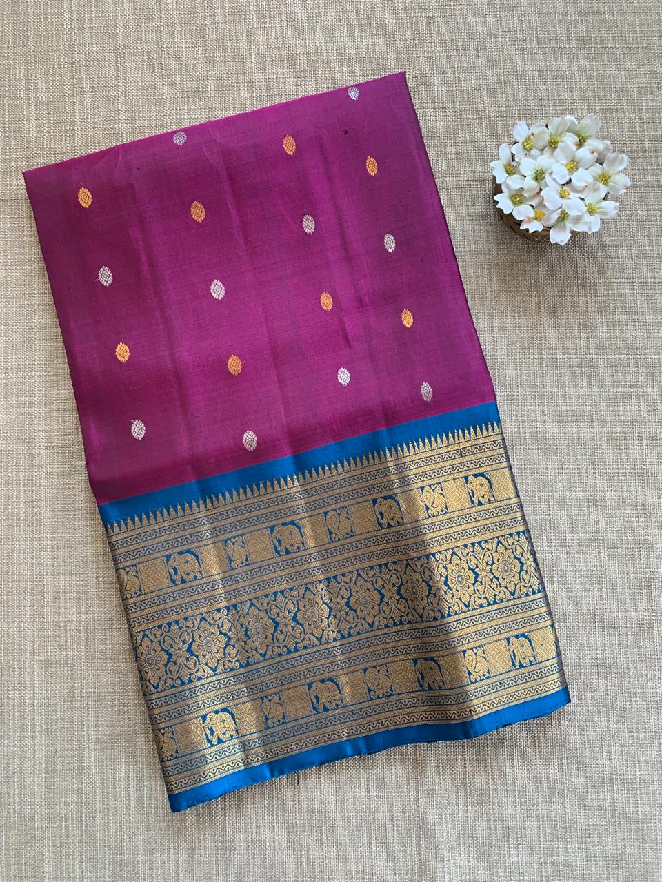 SGSA208 Wine and Peacock Blue Combo Gadwal Handloom Pure Silk Saree