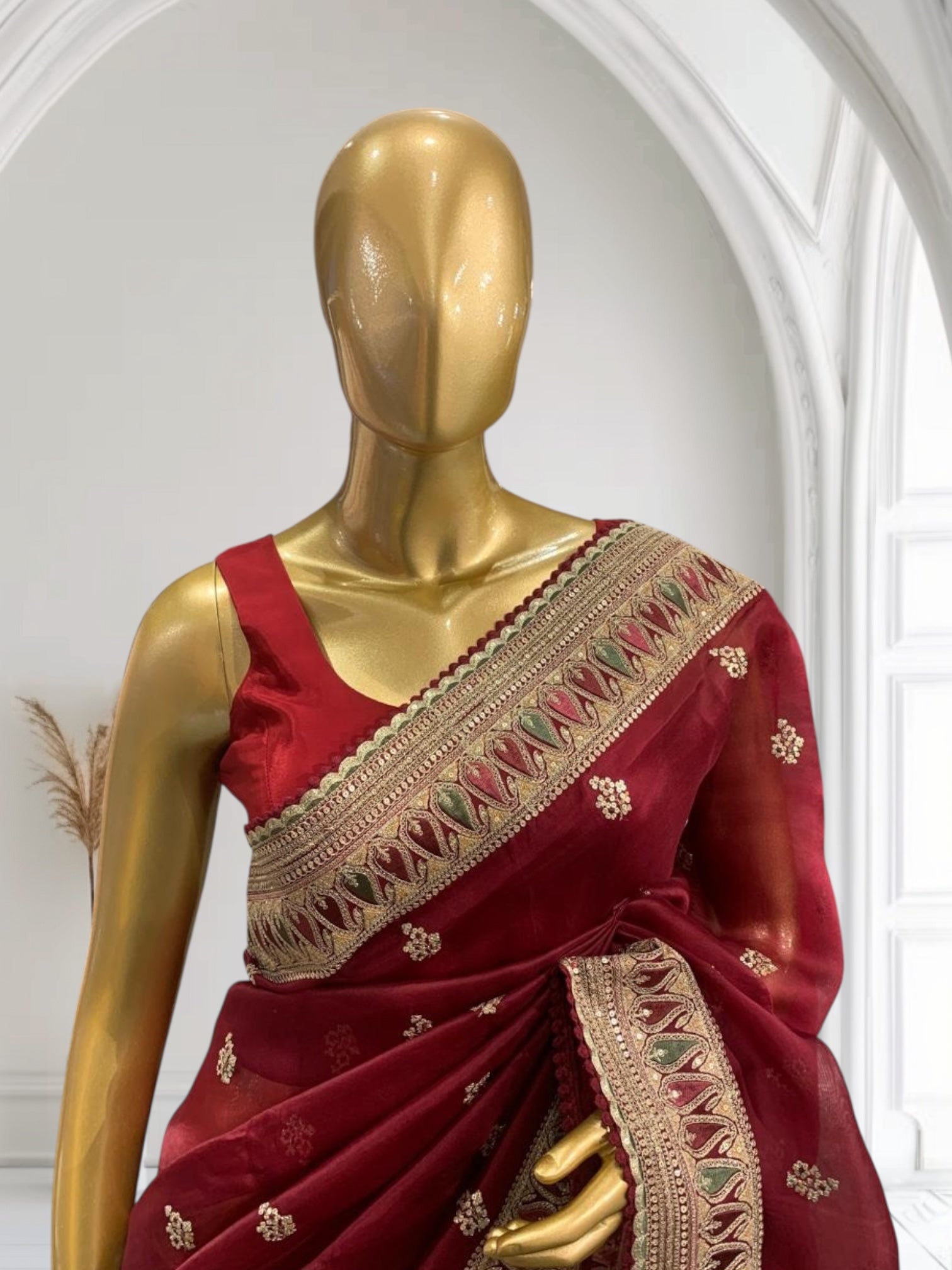 Luxe Brgundy Organza Saree with Sabyasachi-Inspired Border & Blouse